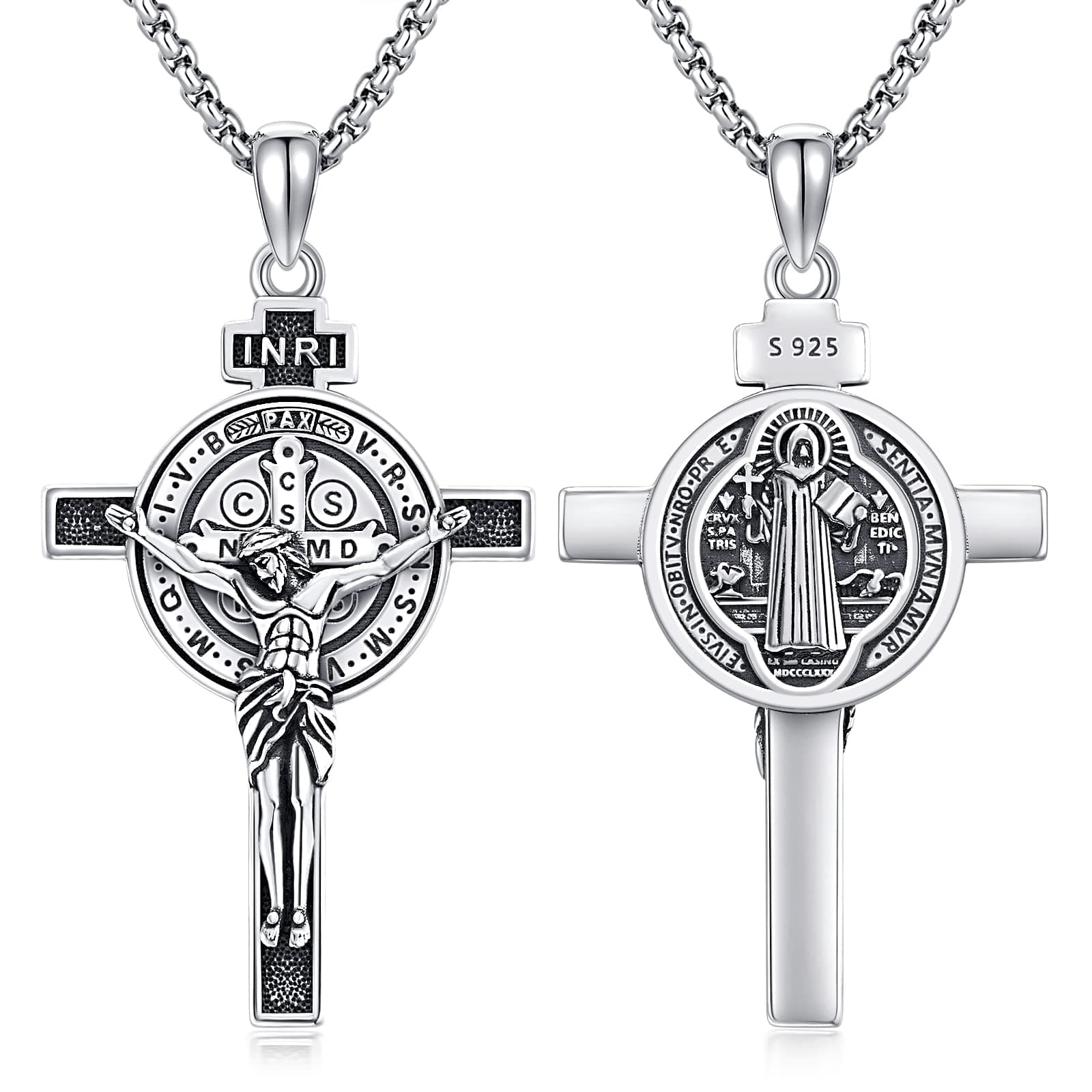 925 Sterling Silver Patron Saint Necklace | Amulet Necklace Cross Jewelry for Men with 2.5mm 22"+2" Rolo Chain