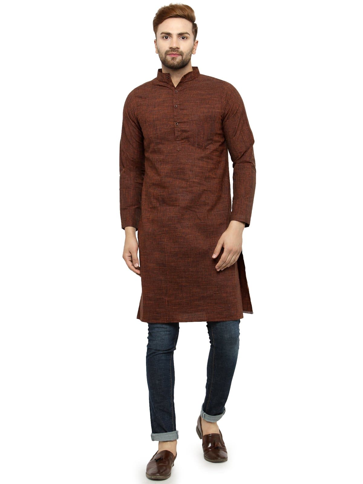 Enchanted Drapes Mens' Solid Cotton Long Kurta_Mehandi