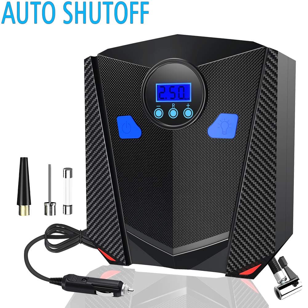 Car Tyre Compressor, LEICESTERCN 12V Car Tyre Pump Air Compressor Digital Tyre Inflator with LED Display Valve Adaptors for Car Motorcycle Road Bike Bicycle-150PSI Max