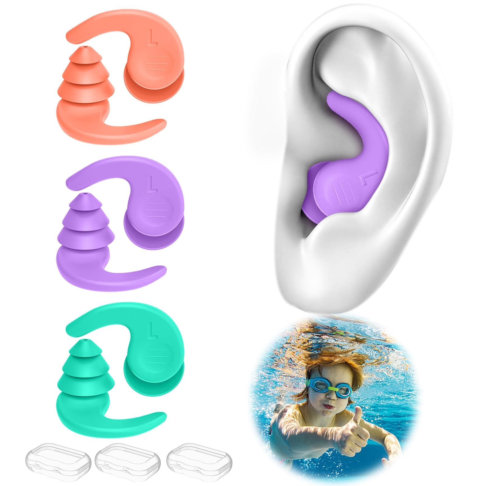 Kids Swimming Ear Plugs,3 Pairs Waterproof Reusable Silicone Child Swim Earplugs for Swimming Surfing Bathing Showering,Small Children Water Ear Plugs Suitable for Boys and Girls (Kids 4-12 Years Old)