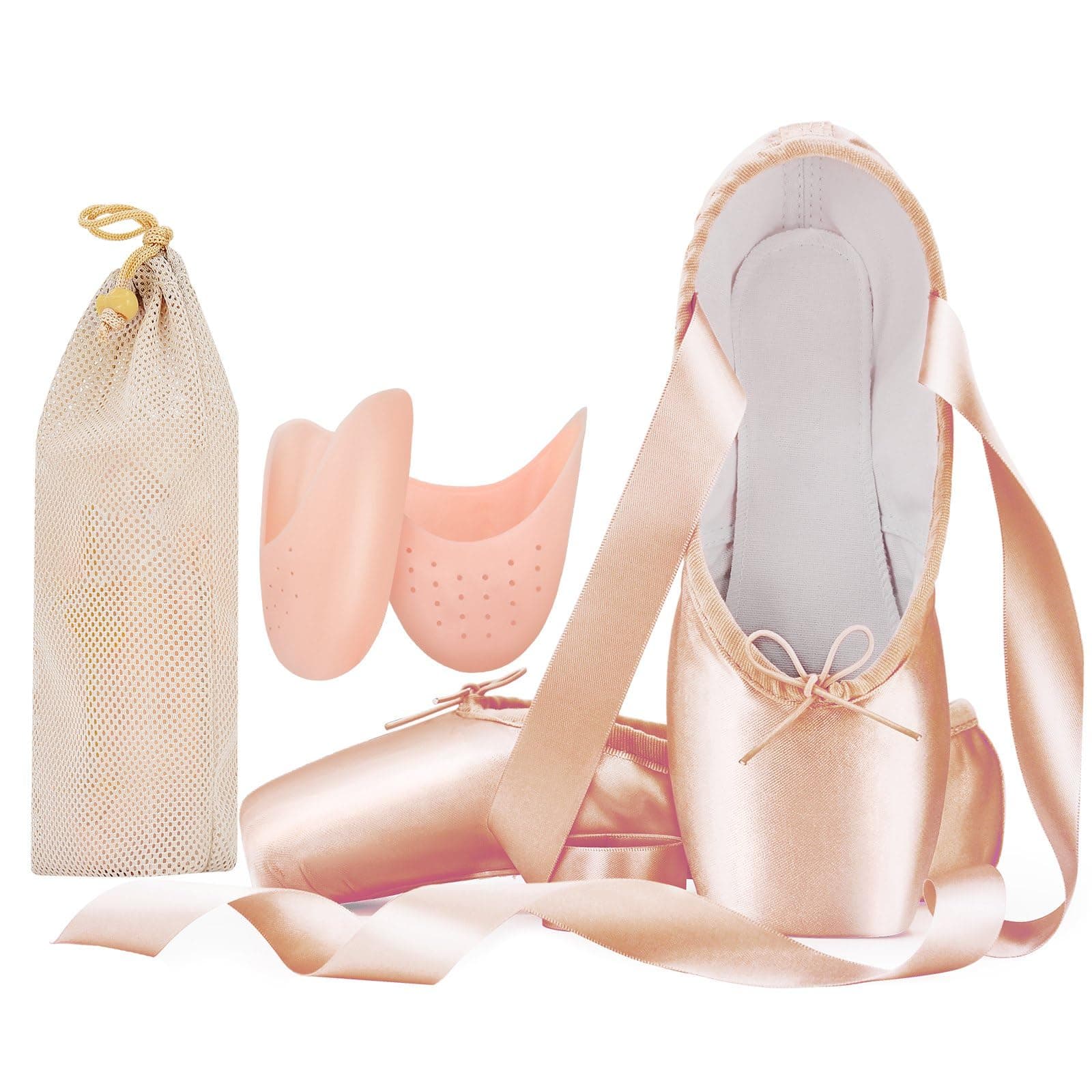 Adult Ballet Pointe Shoes for Girls Women with Toe Pads and Mesh Bag