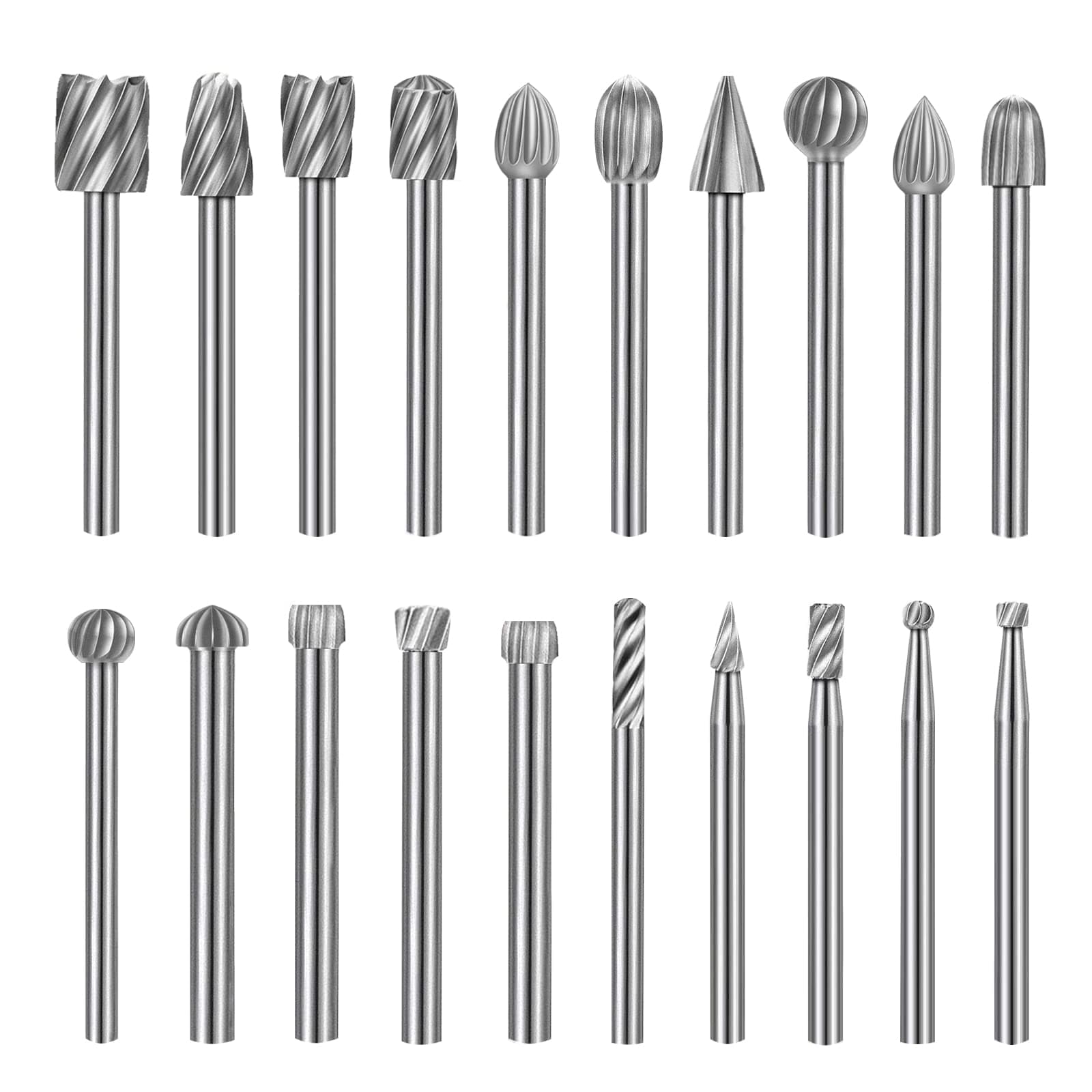 YURINWOO 20PCS HSS Rotary Burr Set, Carving Bits & Engraving Router Bit Set for Rotary Tool Accessories with 1/8"(3mm) Shank for Woodworking, Engraving, Drilling, Grooving