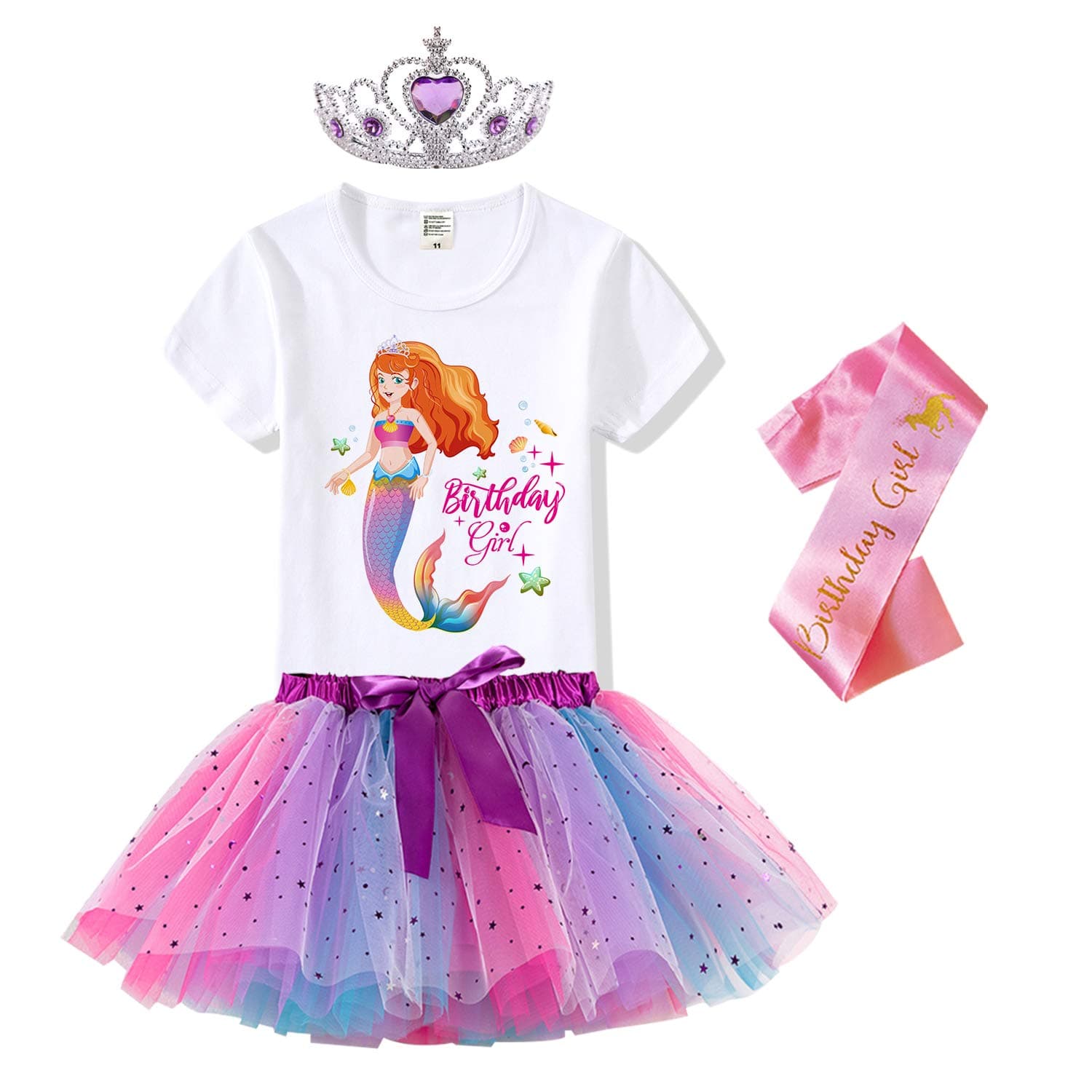 Tutu and Sian Mermaid Outfit Set – Shirt, Rainbow Tutu Dress, Satin Sash, Headband – Birthday Gifts for Girls Costume