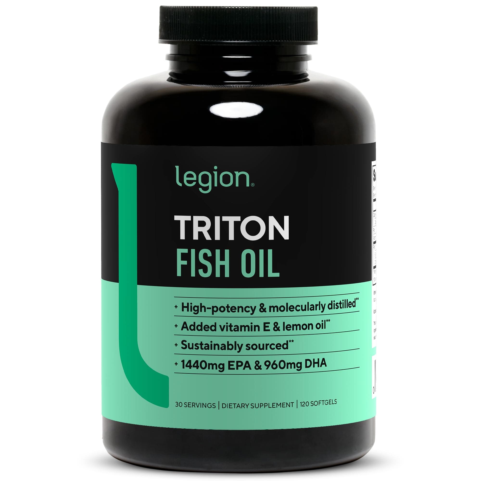 LEGION Triton Fish Oil Capsules - Triple Strength Omega 3 Essential Fatty Acids with Vitamin E & Lemon Oil for Maximum Absorption, Freshness & Purity - 2400mg EPA & DHA Per Serving, 30 Svgs