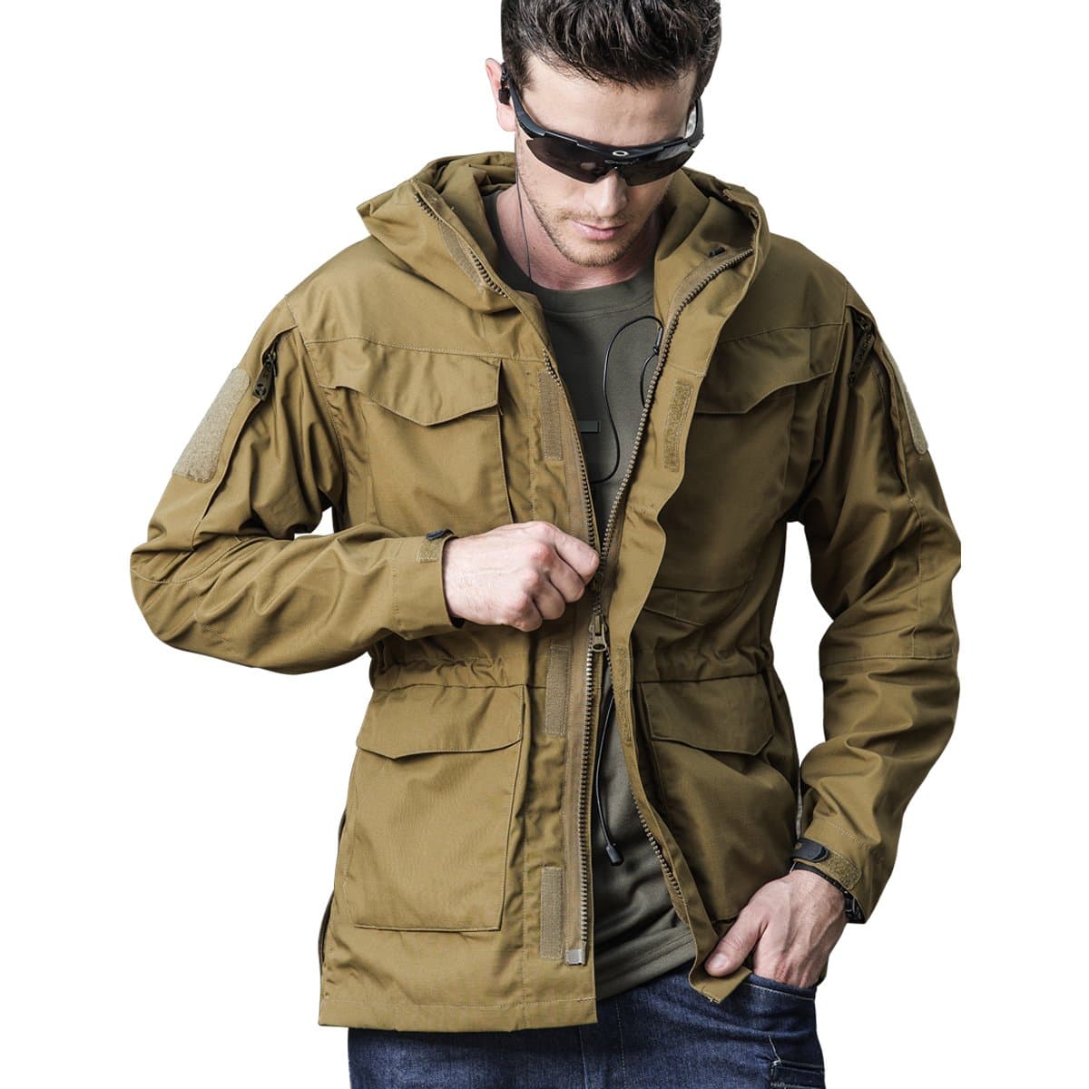 Men Army Tactical Jacket Military Khaki Coat Hooded Outdoor Windbreaker Big and Tall Casual Combat Waterproof Sport Soft Shell Coat Hiking Fishing Hunting Mountain Climbing（Khaki,XL）