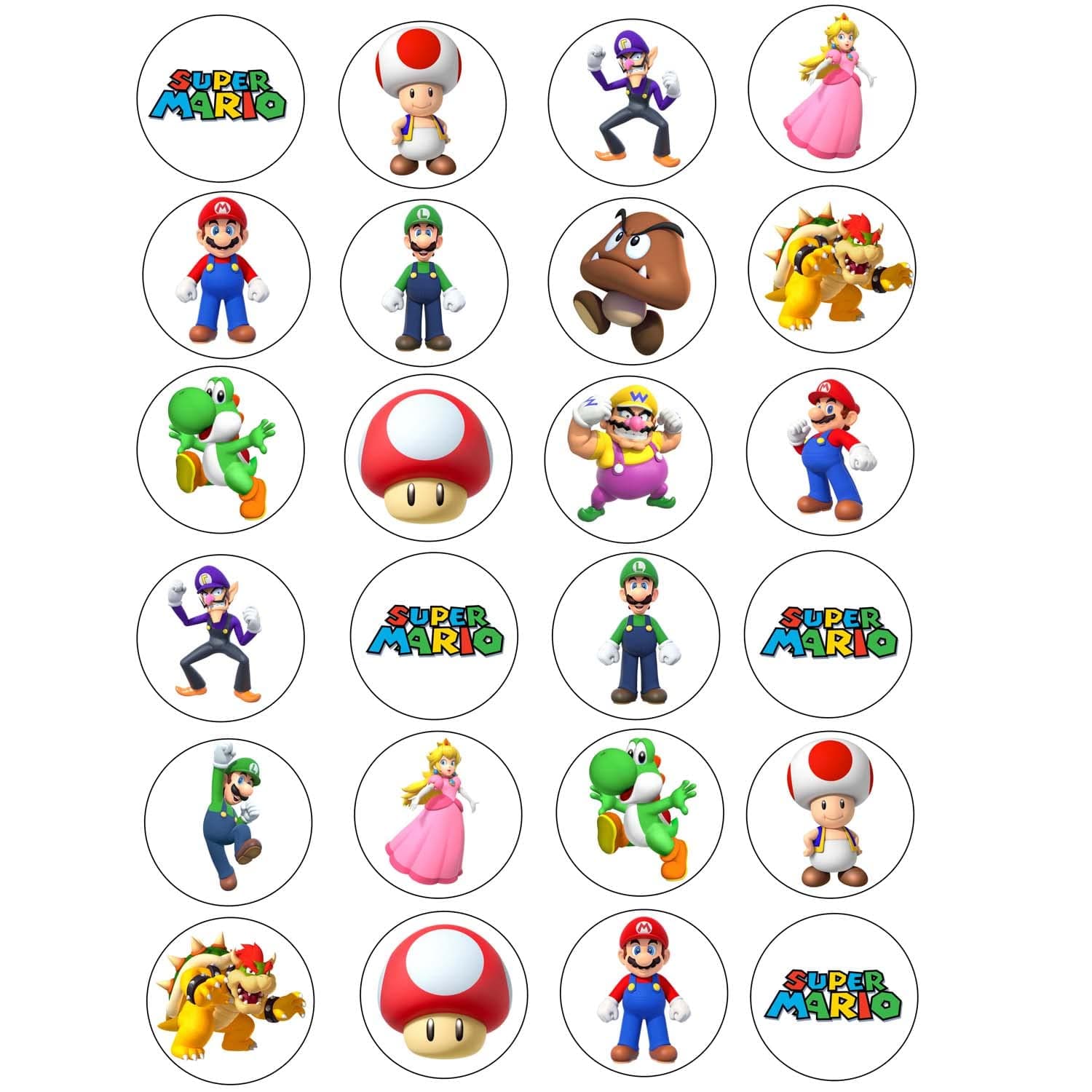 24 Mario Edible Wafer Cupcake Toppers Fairy Cake Decoration Uncut