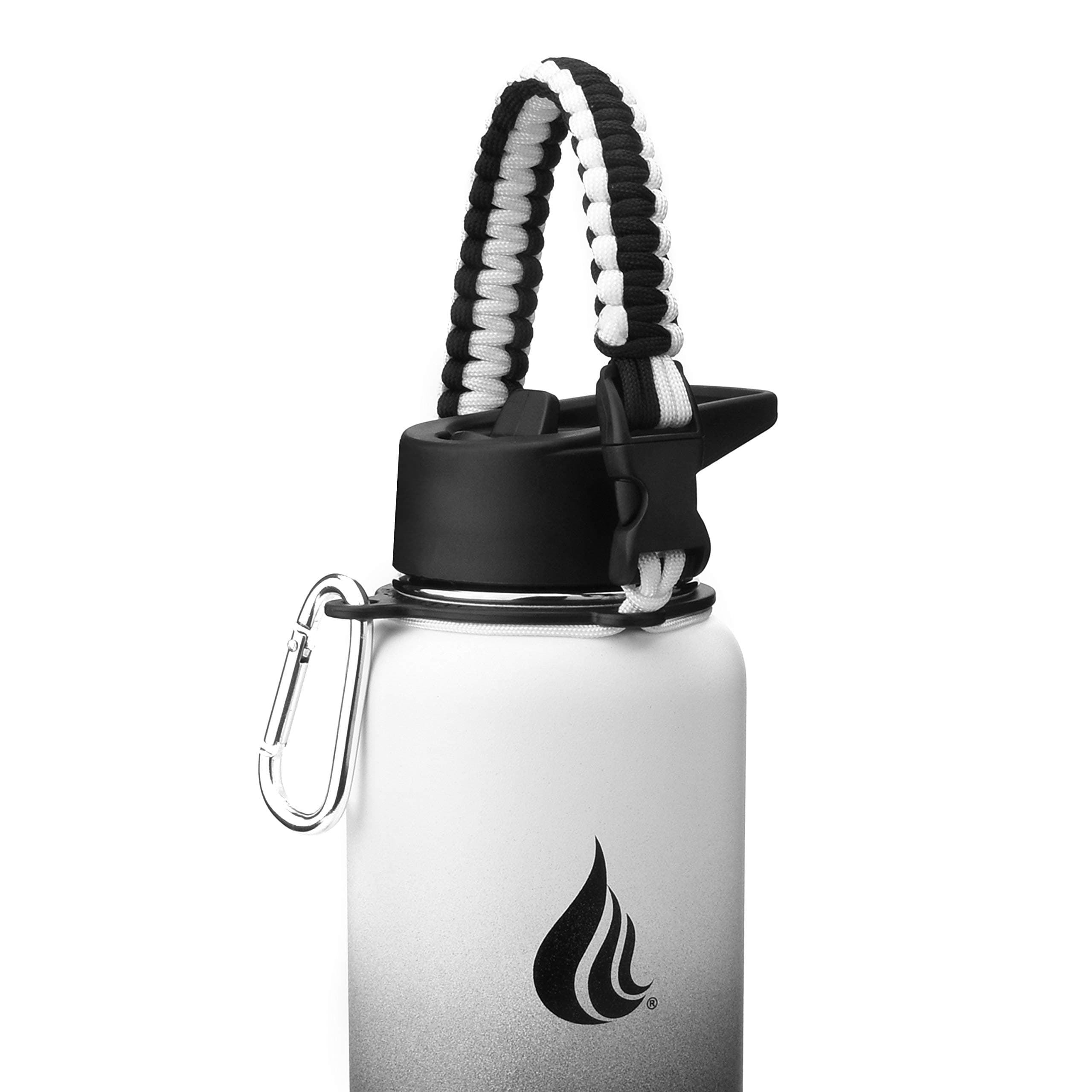 Wide Mouth Paracord Handle - Strap Carrier with Safety Ring and Carabiner. Compatible with 18, 24, 32, 40, and 64 oz Stainless Steel Water Bottles (Black/White)