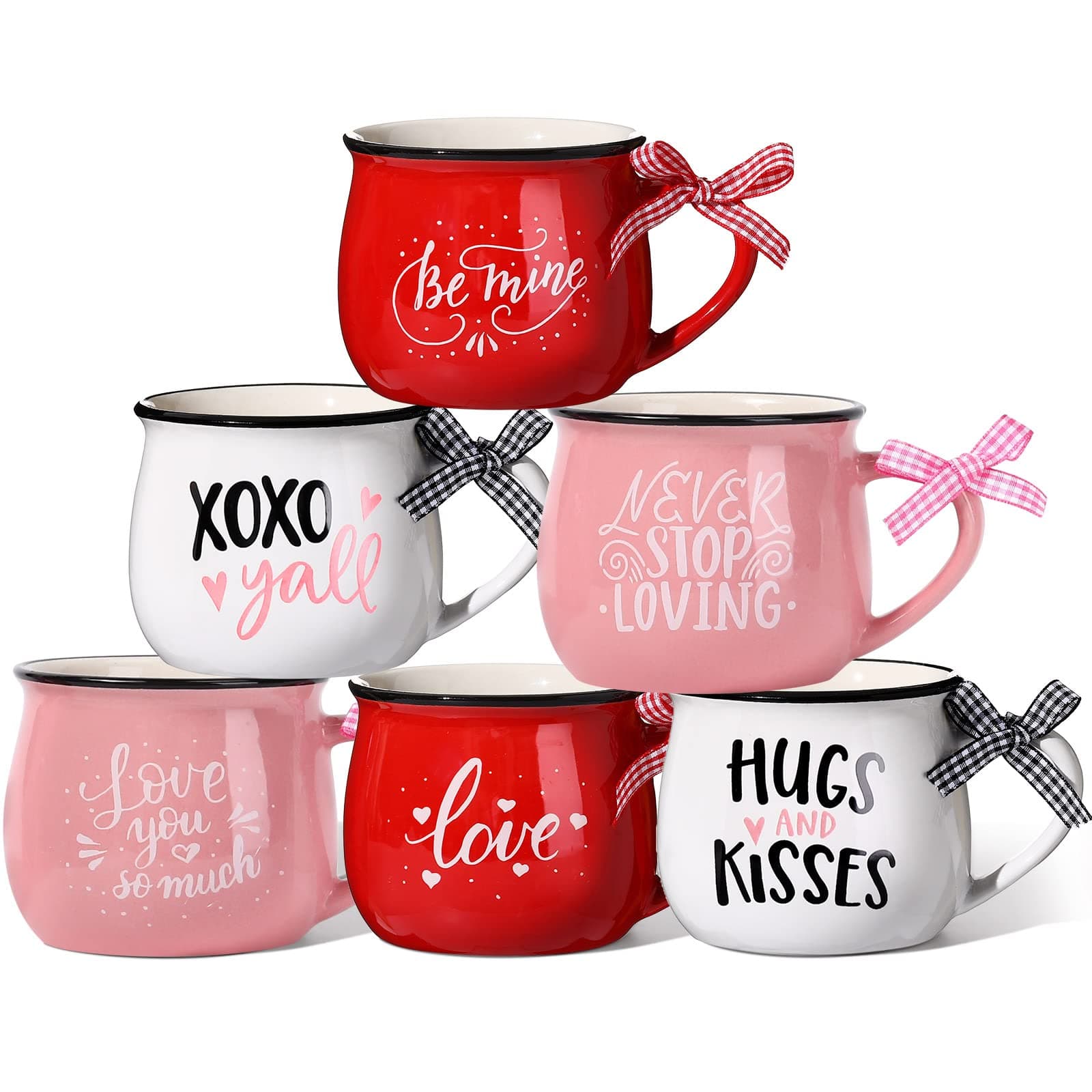 Zubebe 6 Pieces Valentine's Day Mugs 12 oz Coffee Ceramic Mug with Ribbon Red Pink Love Words Cup Sweet Heart Coffee Cup Tiered Tray Decor for Anniversary Wedding Table Centerpieces(Red to Blush)