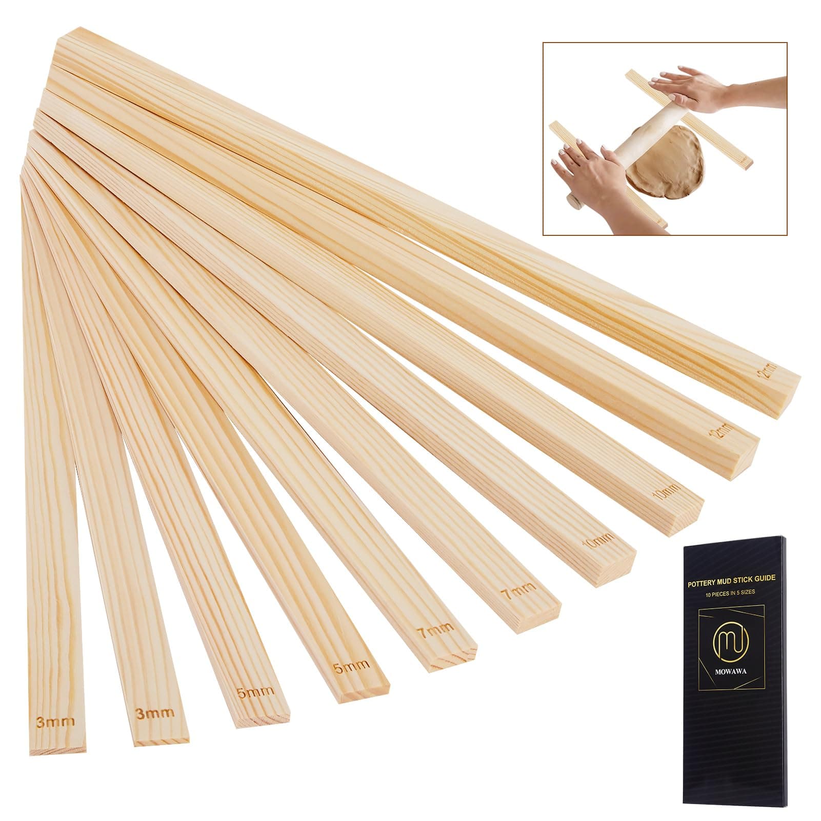 Mowawa 10 Pcs Pottery Teaching Rolling Mud Stick Guide Set, 5 Size Mudboard Guide Wooden Strips, Pottery Tool Clay Tools for Precise Polymer Clay Thickness Measurement