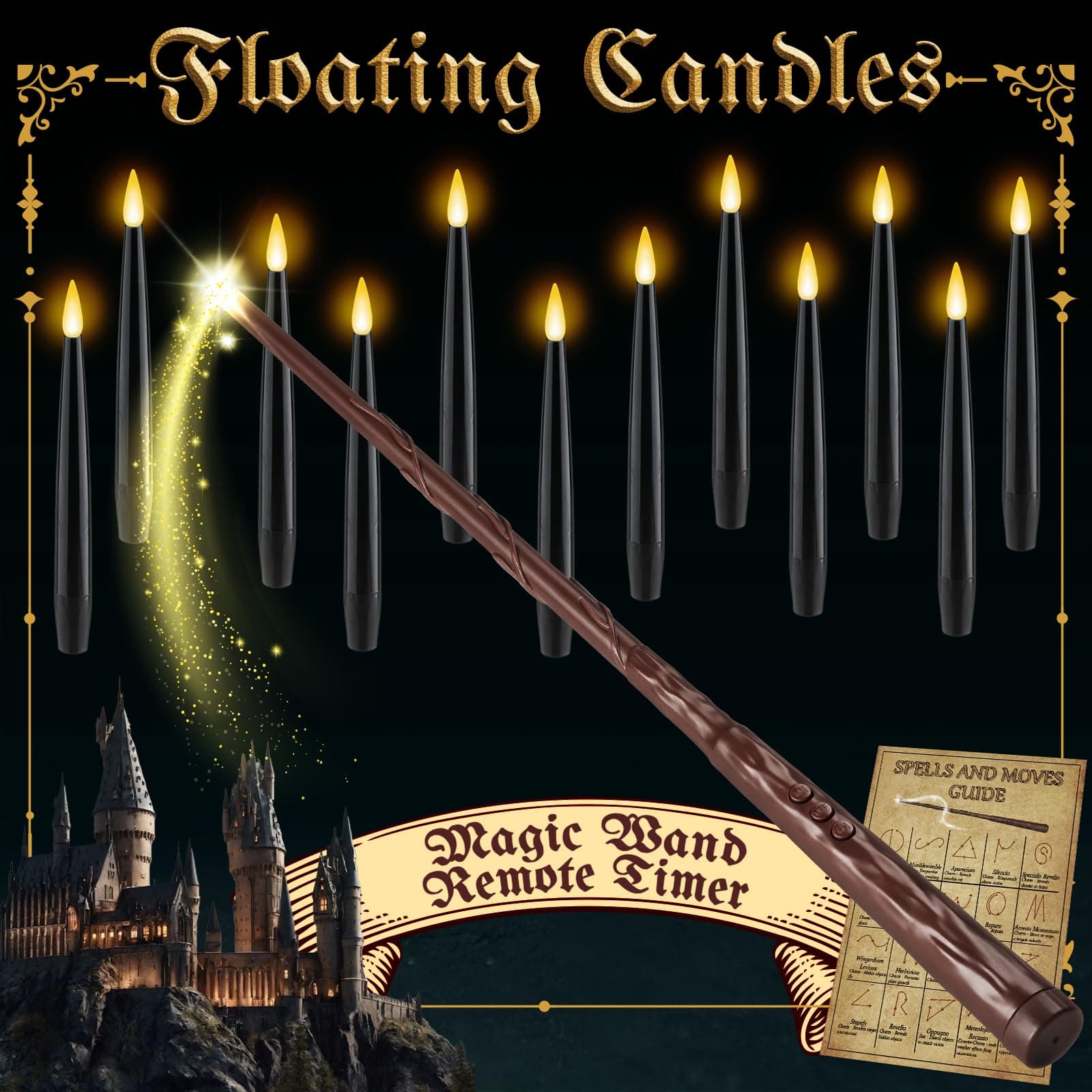 NURADA Floating Candles with Wand Remote Timer - Magic LED Hanging Flameless Taper Candles Flickering Battery Operated for Halloween Birthday Theme Party Holiday Home Window Decor - Black 12 Pack