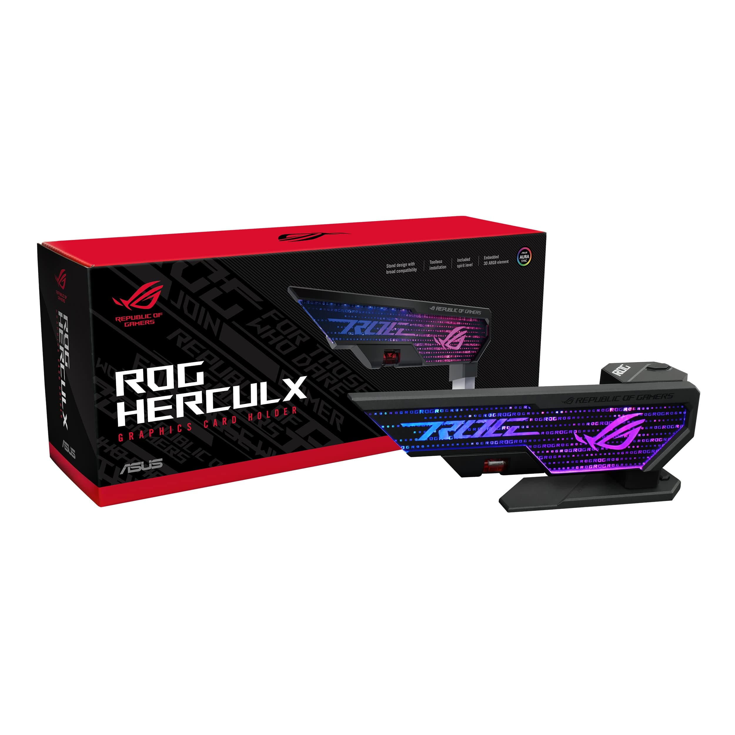 ASUS ROG Herculx Graphics Card Holder (Tool-free design, Included spirit level, Solid zinc alloy, 72-128mm, Aura Sync)