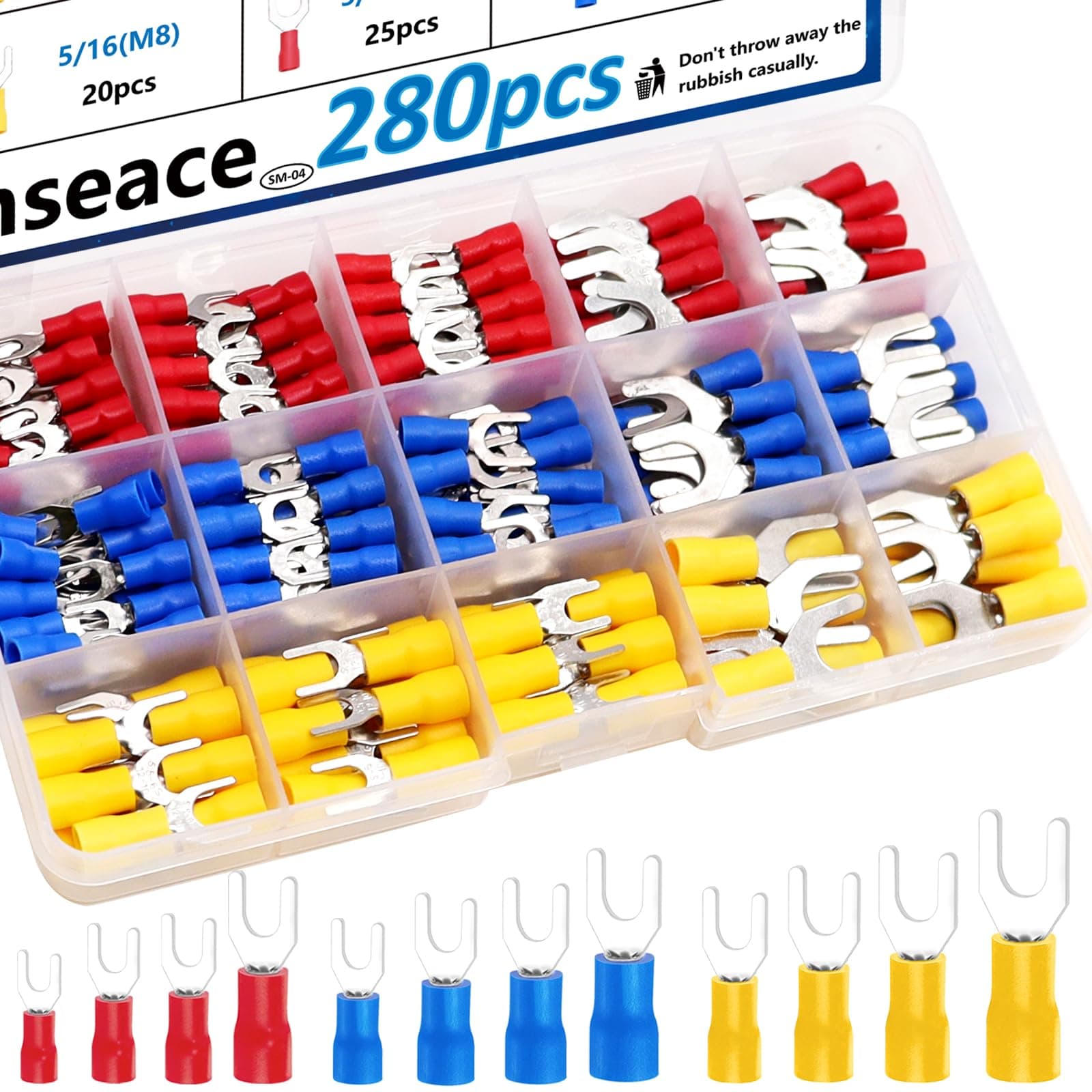 smseace 280Pcs #8,#10,1/4,5/16 Fork Spade Connectors 22-16/16-14/12-10 AWG Fork Terminal Connectors Insulated Wire Fork Connectors U-Type Crimp Terminal Cnnectors