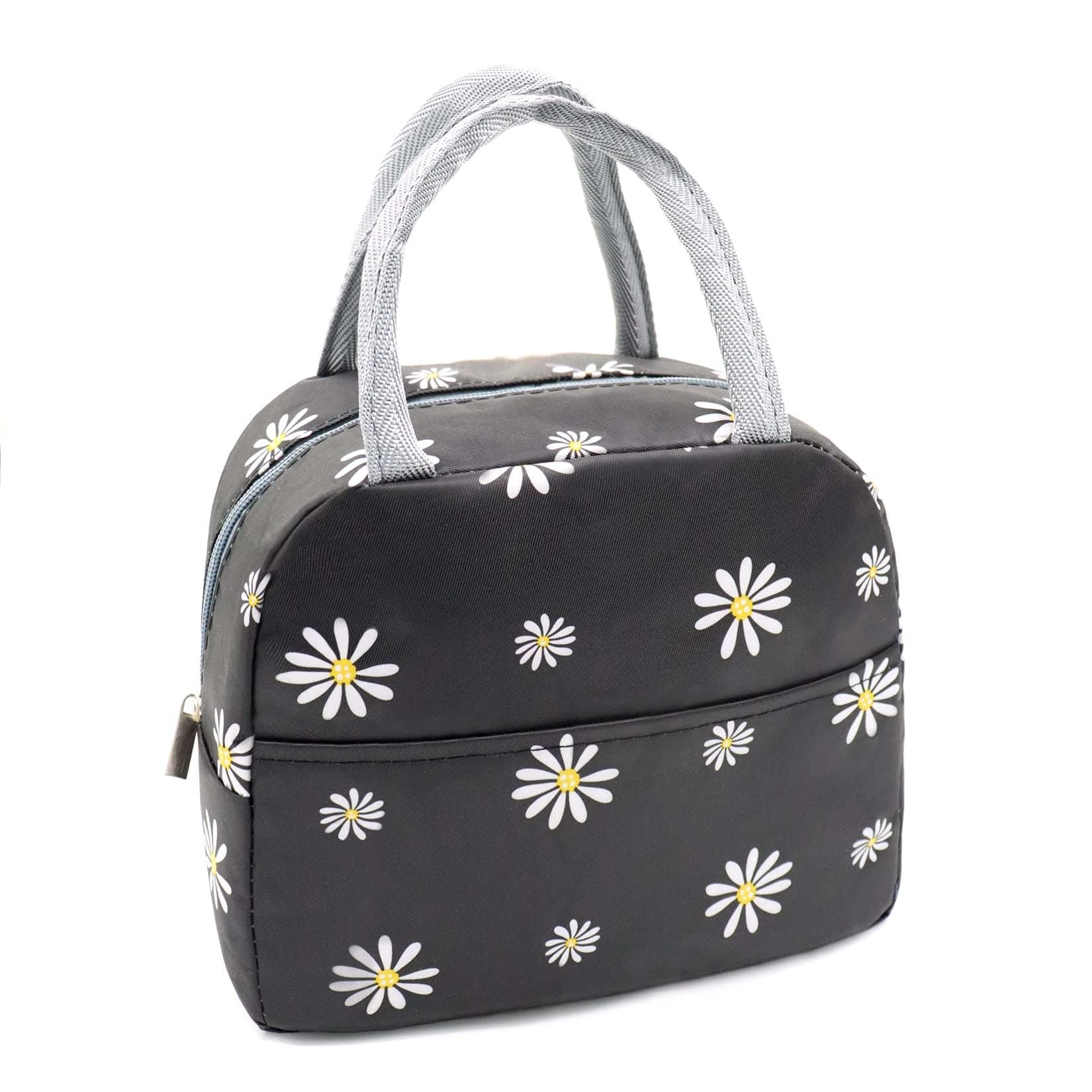Insulated Lunch Bag Women, Reusable Cute Tote Lunch Box for Adult & Men, Leakproof Cooler Lunch Bags for Work Office Travel Picnic (Black with White Daisy)