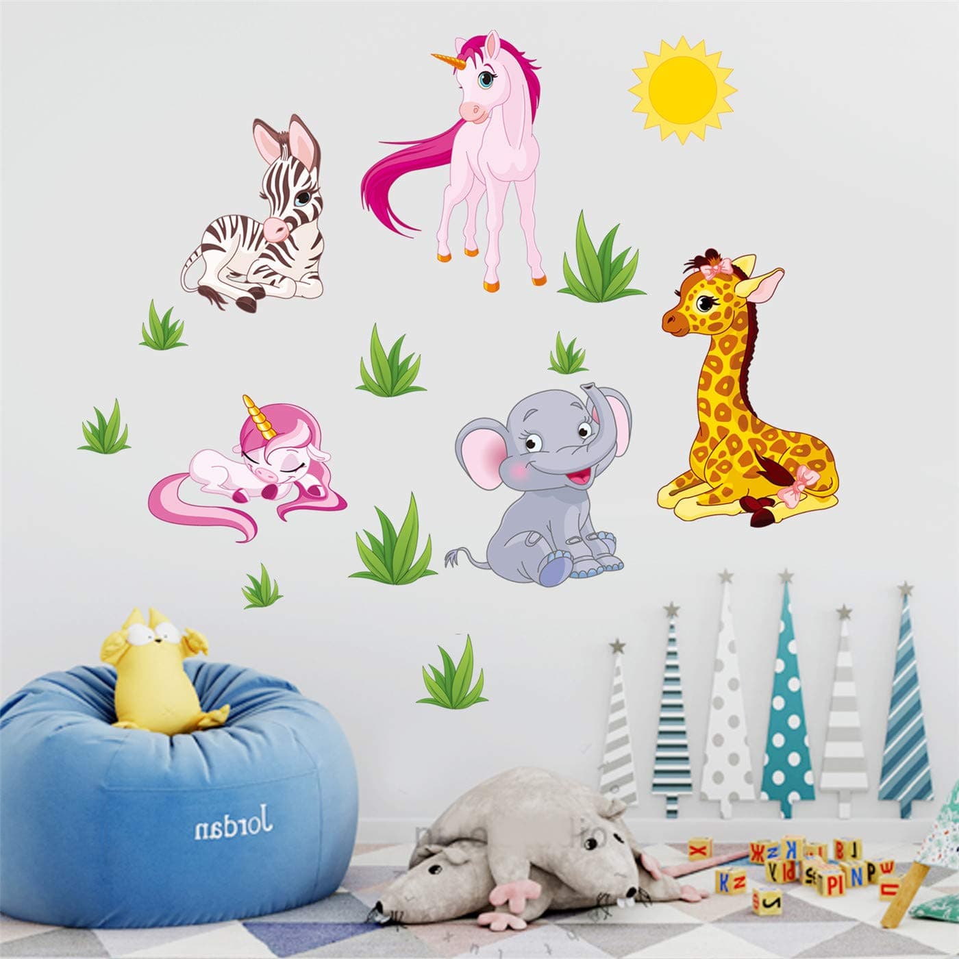 Ampire Wall Stickers Unicorn Zebra Giraffe Elephant Infant Character for Kids Room (57AM8363) (130 cm x 1 cm x 60 cm)