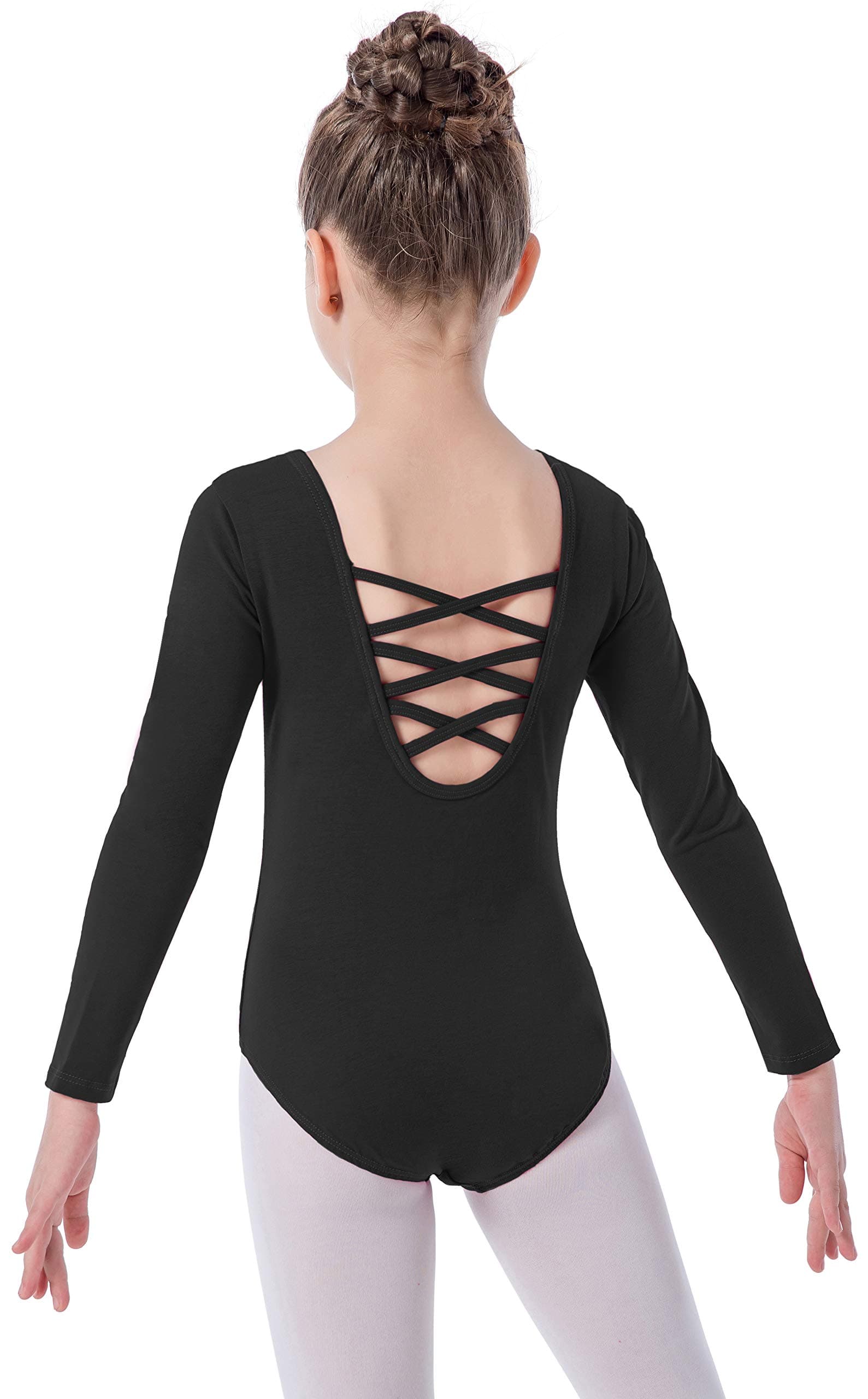 Girls Long Sleeve Ballet Leotards Crisscross Straps Back Dance Tops