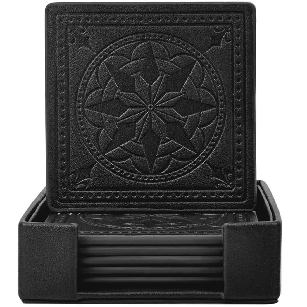 Drink Coasters,365park PU Leather Coaster Set of 6 with Holder-Protect Your Furniture from Stains,Black
