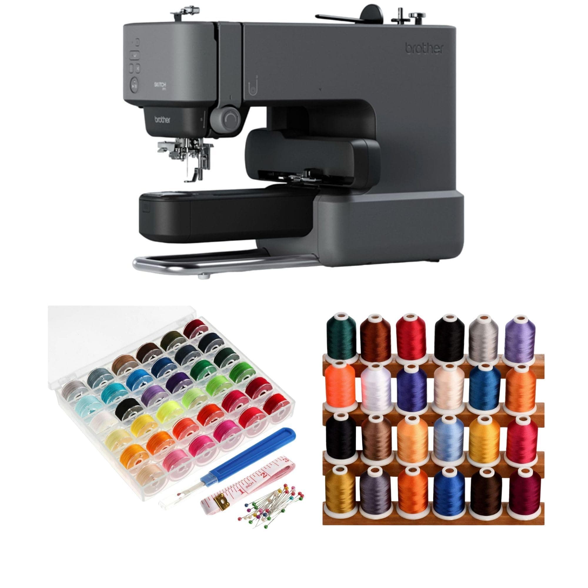 Brother Skitch Embroidery Machine - Precision Single-Needle Stitching with Speed Control Bundle with 24 Assorted Colors Thread, and 36 Pieces Bobbins (3 Items)