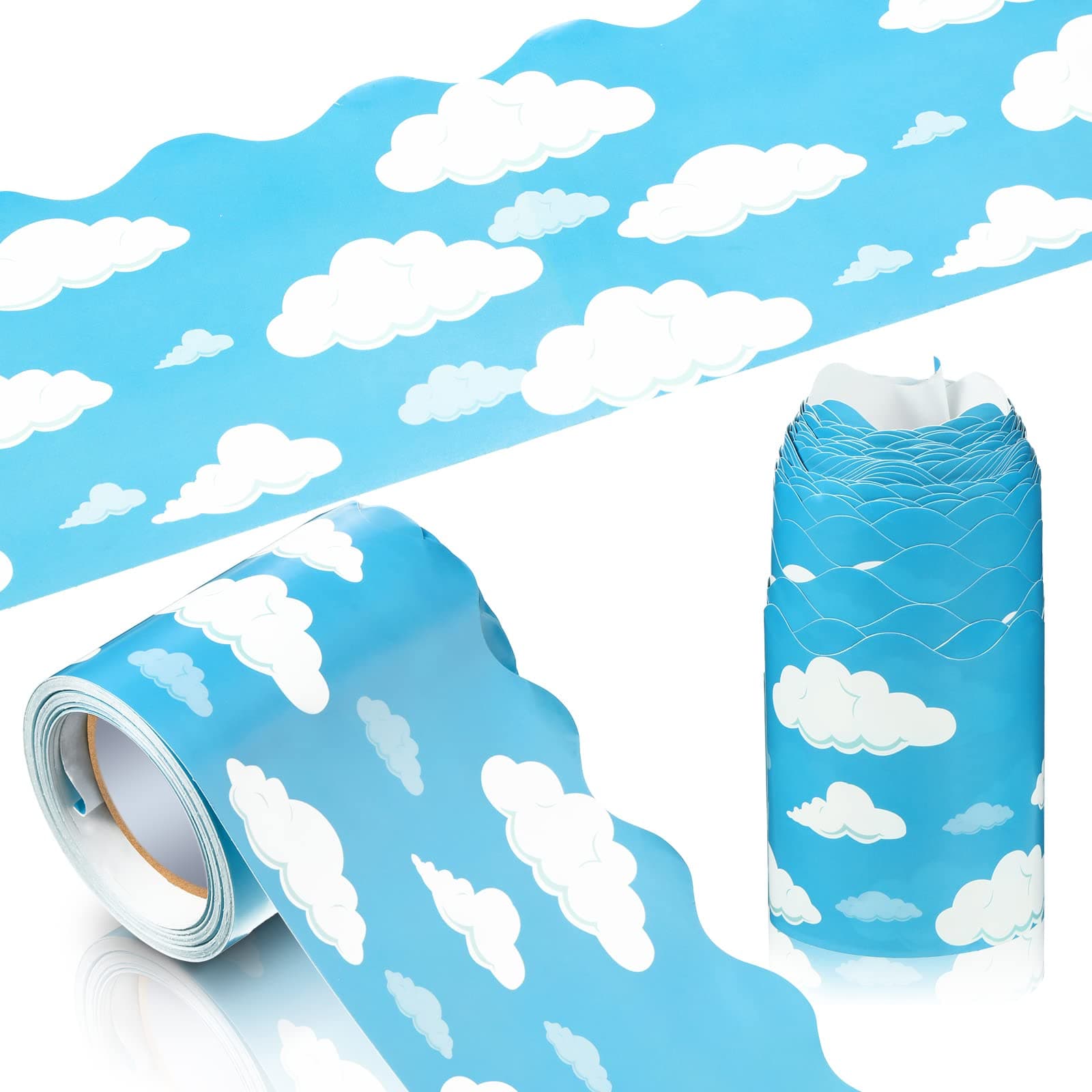 Teling 1 Pcs 32.8ft Blue Scalloped Bulletin Board Border Clouds Sky Poster Bulletin Board Trim for Back to School Classroom Decorative