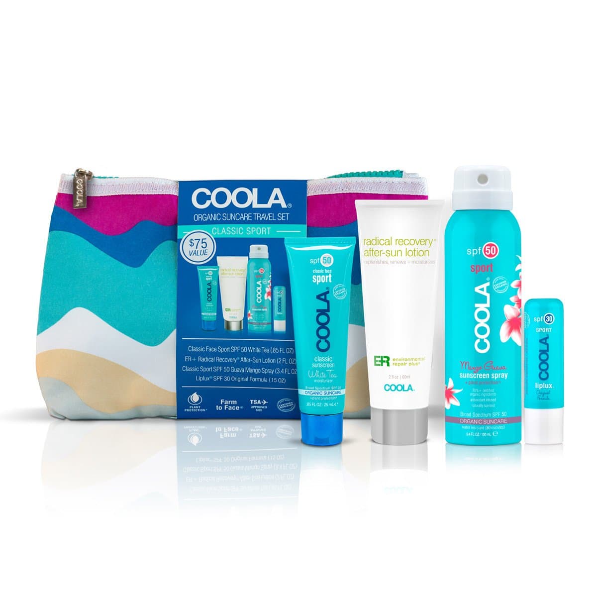 COOLA Sport 4 Piece Travel Kit, Sunscreen Spray, After Sun Lotion, Face Sunscreen & Liplux Lip Bam, Broad Spectrum SPF 50, Reef-Safe