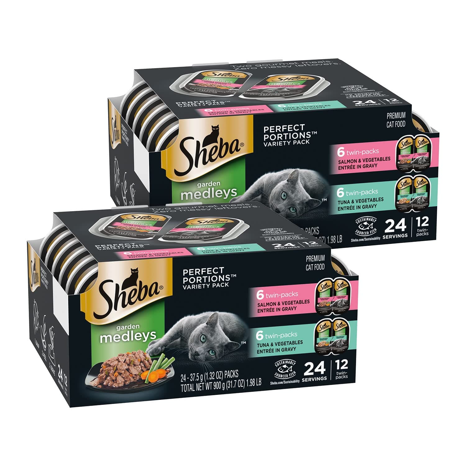 Sheba Perfect PORTIONS Adult Wet Cat Food, Garden Medleys Tuna & Vegetables Entree in Gravy and Salmon & Vegetables Entree in Gravy Multipack, (12) 2.6 oz. Easy Twin-Pack Trays
