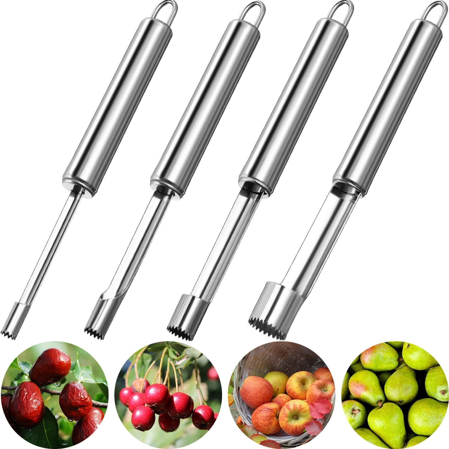 4 Pieces Multi-Function Fruit Corer and Pitter Remover Set - Stainless Steel, 4 Sizes for Pear, Cherry, Jujube and Red Date - Home Kitchen Tool