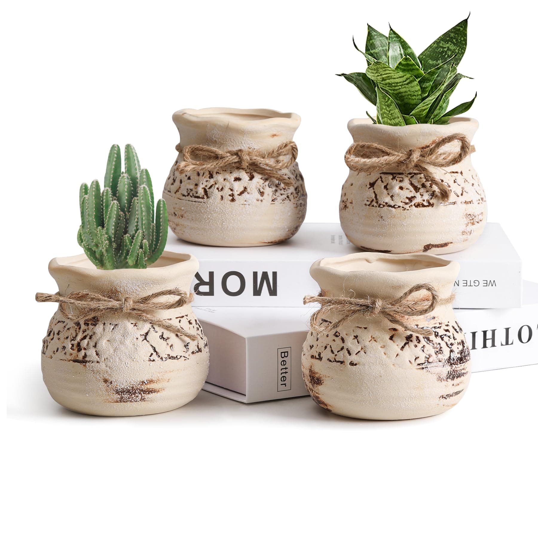 T4U 8.5CM Vintage Ceramic Planter Pots Set of 4, Small Plant Pots Indoor, Succulent Cactus Plant Pots, Home and Office Decoration Desktop Windowsill Gift for Gardener for Birthday Wedding Christmas