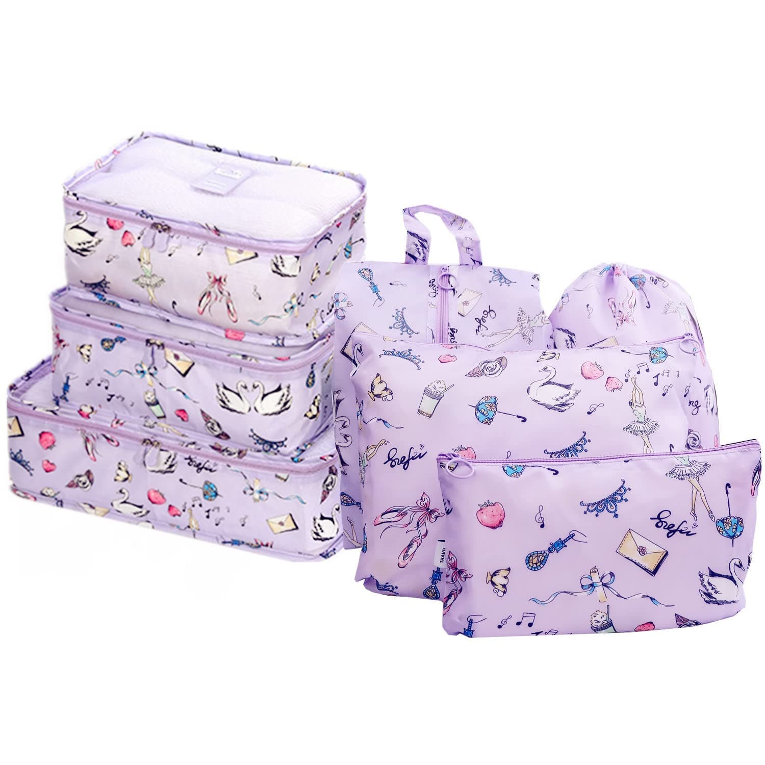 GUIFIER 7 PCS Travel Luggage Organizer Bags, Packing Cubes Compression, Travel Storage Bags Organizers, Travel Cubes Laundry Pouches for Backpack Suitcases Clothes Underwear (Purple Swan)