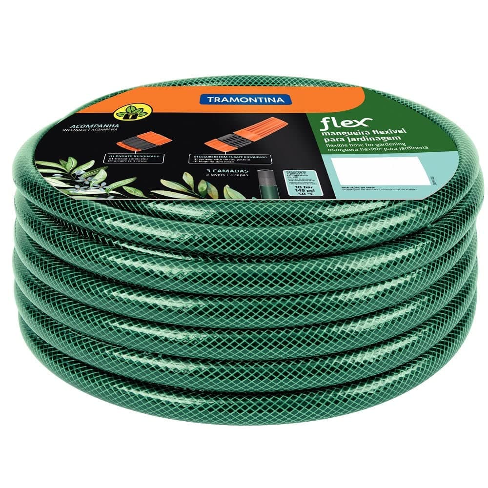 Tramontina 10m Flex Garden Hose in Green with 3-Layers PVC Fiber and Braided Polyester Cord with Thread Connectors and Sprayer