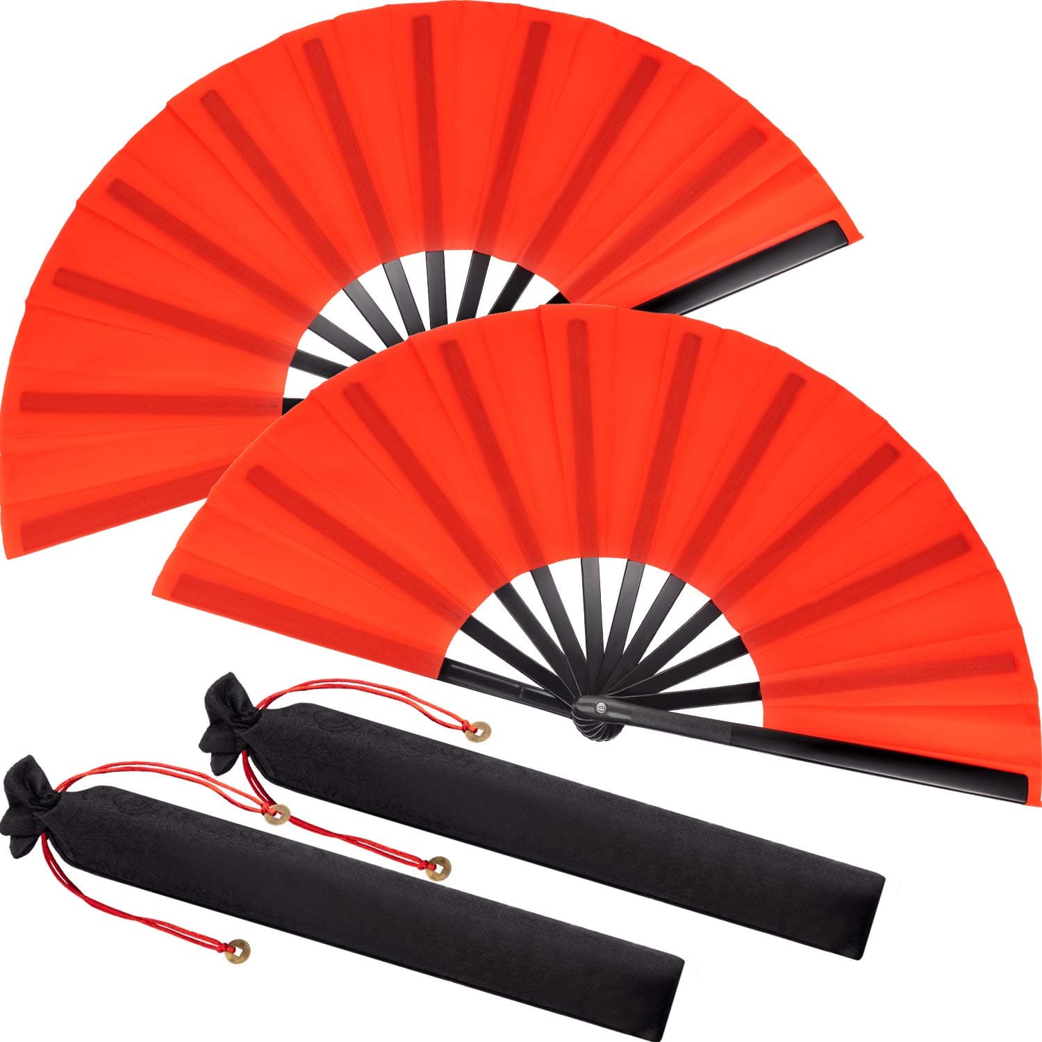 Maitys 2 Pack Large Folding Hand Fans 13'' Chinese Red Handheld Fan Clap Fans for Line Dancing, Rave, Tai Chi, Festival, Kung Fu, Martial Art, Performances, Gift, Includes 2 Pouch