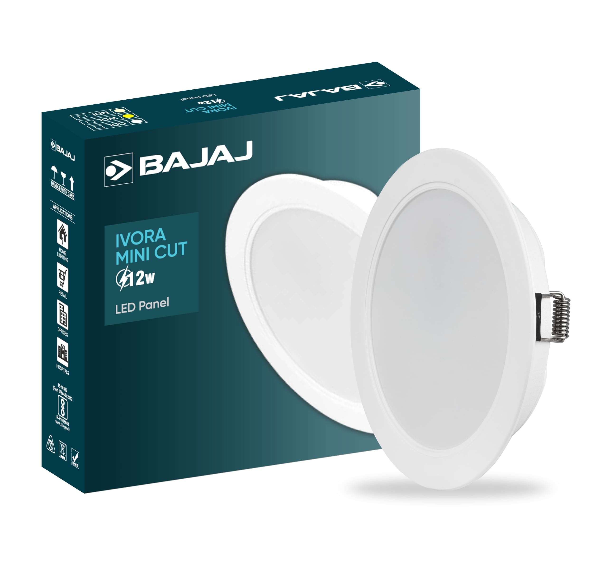 Bajaj Plastic Ivora 12W Recessed Down Light for Ceiling| False Ceiling Required|Cut Out-4 Inch|Cool Day Light|Energy Efficient|2 KV Surge Protection|for Home,Living Room,Bedroom,Kitchen
