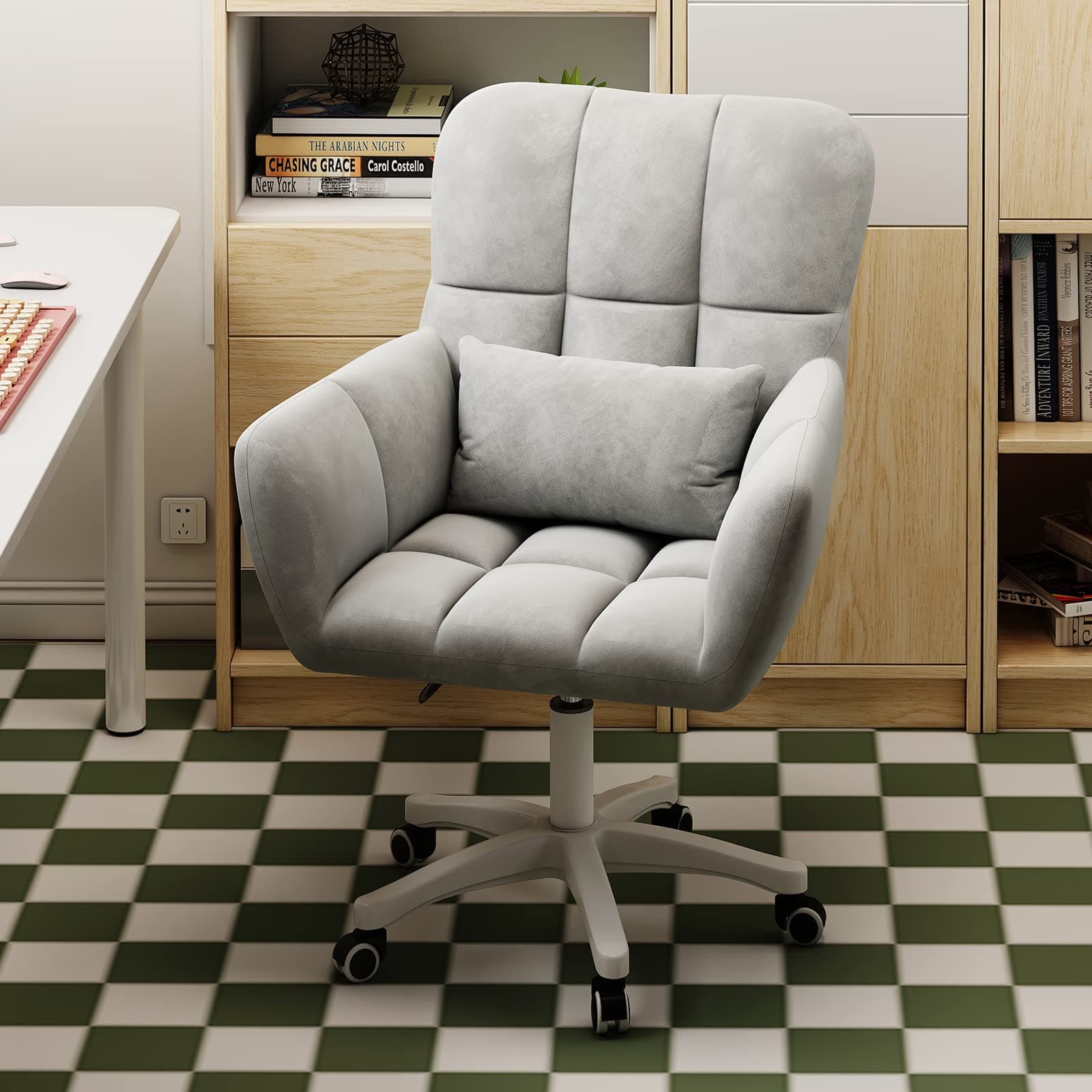 ALMEKAQUZ Flannel Home Office Chair, Swivel Vanity Chair with Lumbar Pillow, Height Adjustable Computer Task Chair for Women (Grey)