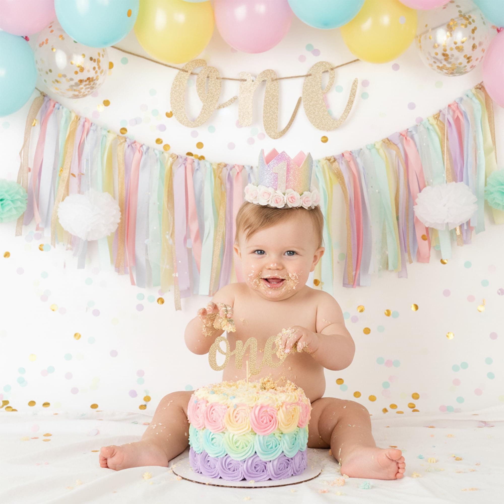 PapaKit Girls 1st Birthday High Chair Premium Decoration Set - Pastel Rainbow Ribbon Garland, Crown, One Banner & Cake Topper | Unicorn, Donut & Ice Cream Theme Cake Smash Photo Pro