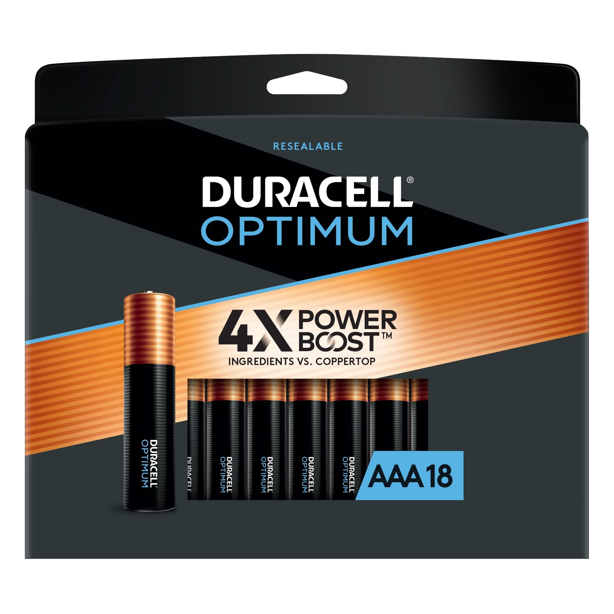 Duracell Optimum AAA Batteries | Lasting Power Triple A Battery | Alkaline AAA Battery Ideal for Household and Office Devices | Resealable Package for Storage, 18 Count (Pack of 1)