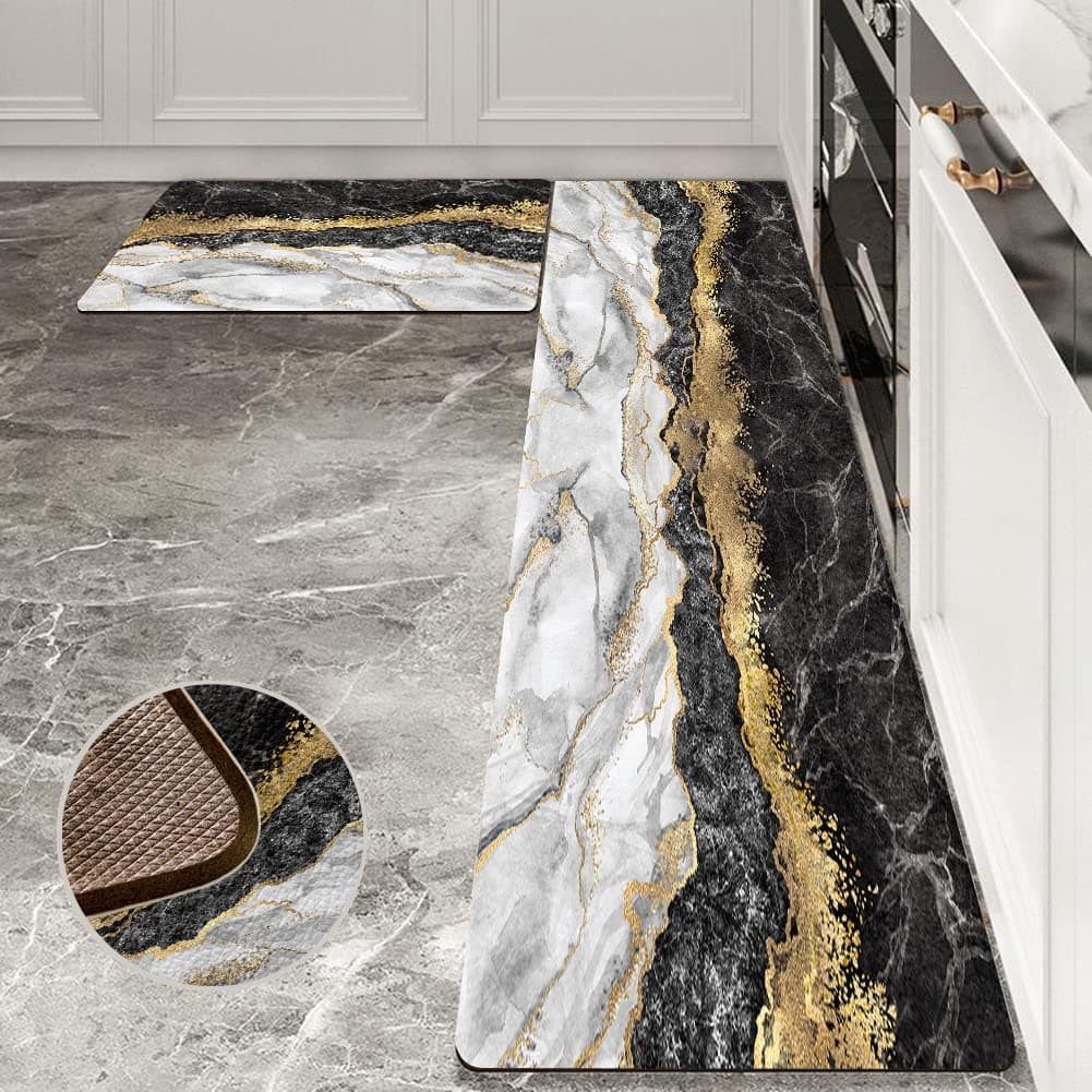 HAISUKA Black Gold Marble Kitchen Mat and Rugs 2 Pieces Anti Fatigue Cushioned Kitchen Floor Mat Non-Slip Leather Kitchen Mats Set for Home Office Laundry