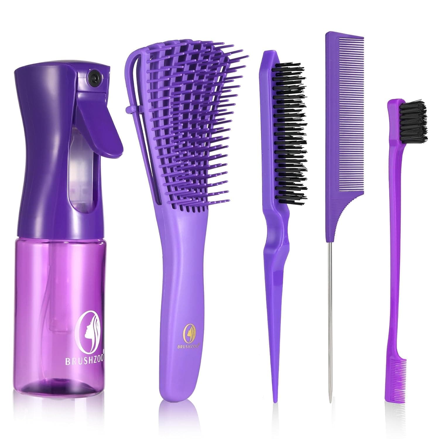 Hair Brush Set, Hair Brushes for Women Men kid Wet Dry All Hair Detangling Parting Styling, Brush Set with Detangler Brush, Edge Brush, Teasing brush, Rat Tail Comb (Purpe)