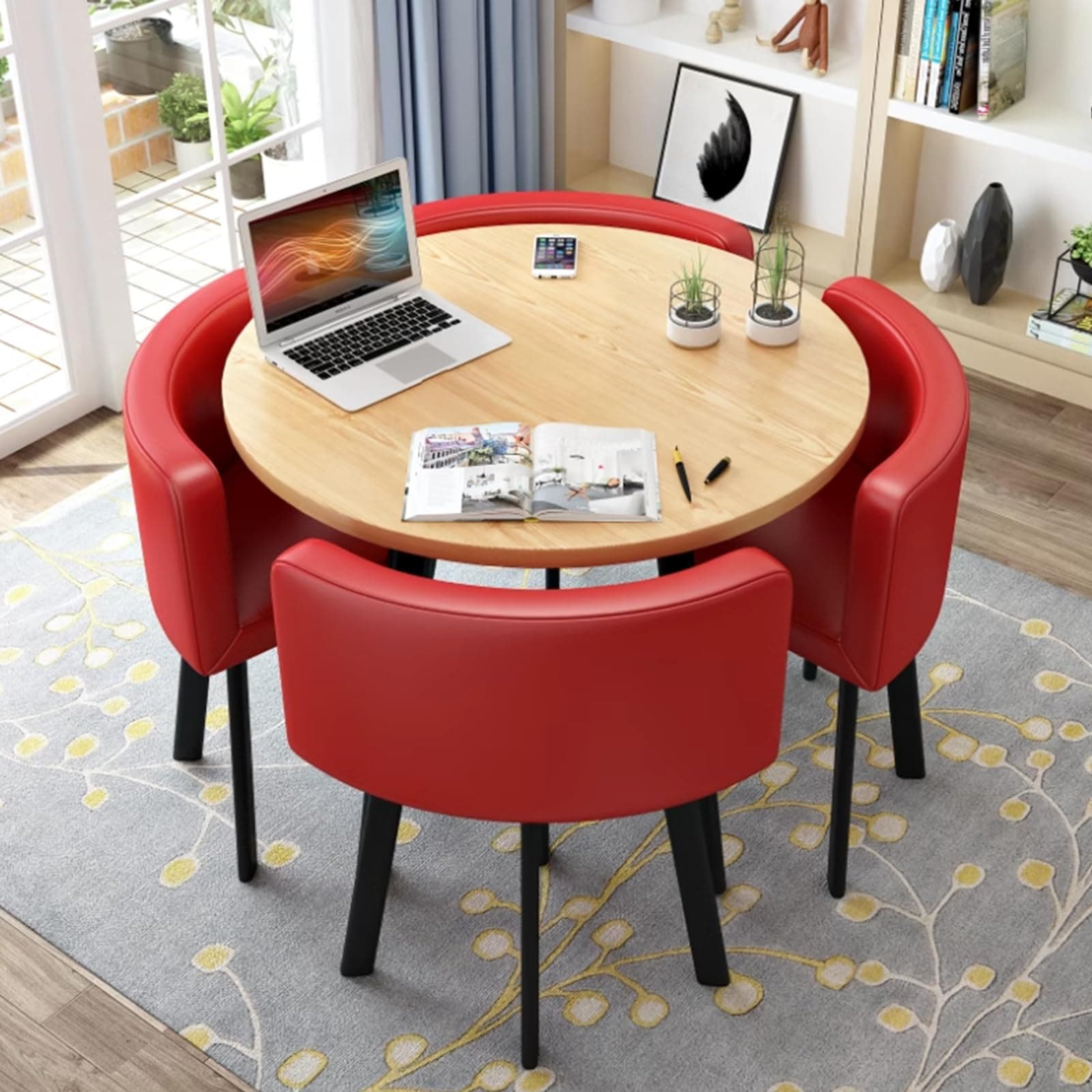 Round Kitchen Dining Table Set for 4, Space Saving Table and Chairs Set with Thick Tabletop 4 Upholstered Chairs, Dinning Room Modern Casual Coffee Table Set(D 31.5inch/80cm, PU Red)