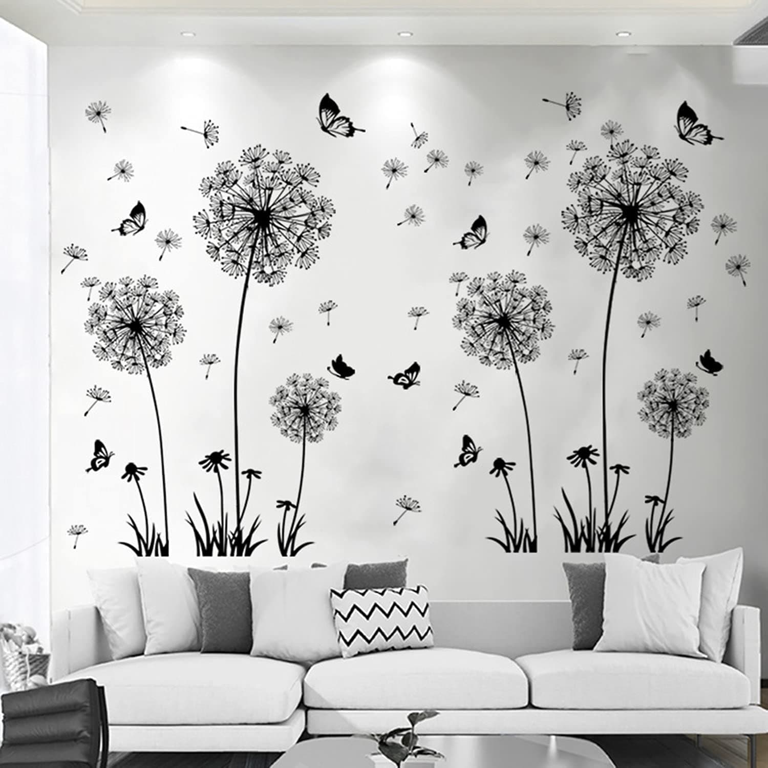 2 Set Dandelion Wall Decals, Flower Stickers, Murals With Butterflies for Bedroom, Office, Bathroom, Living Room - Removable Floral Peel and Stick Art Decoration