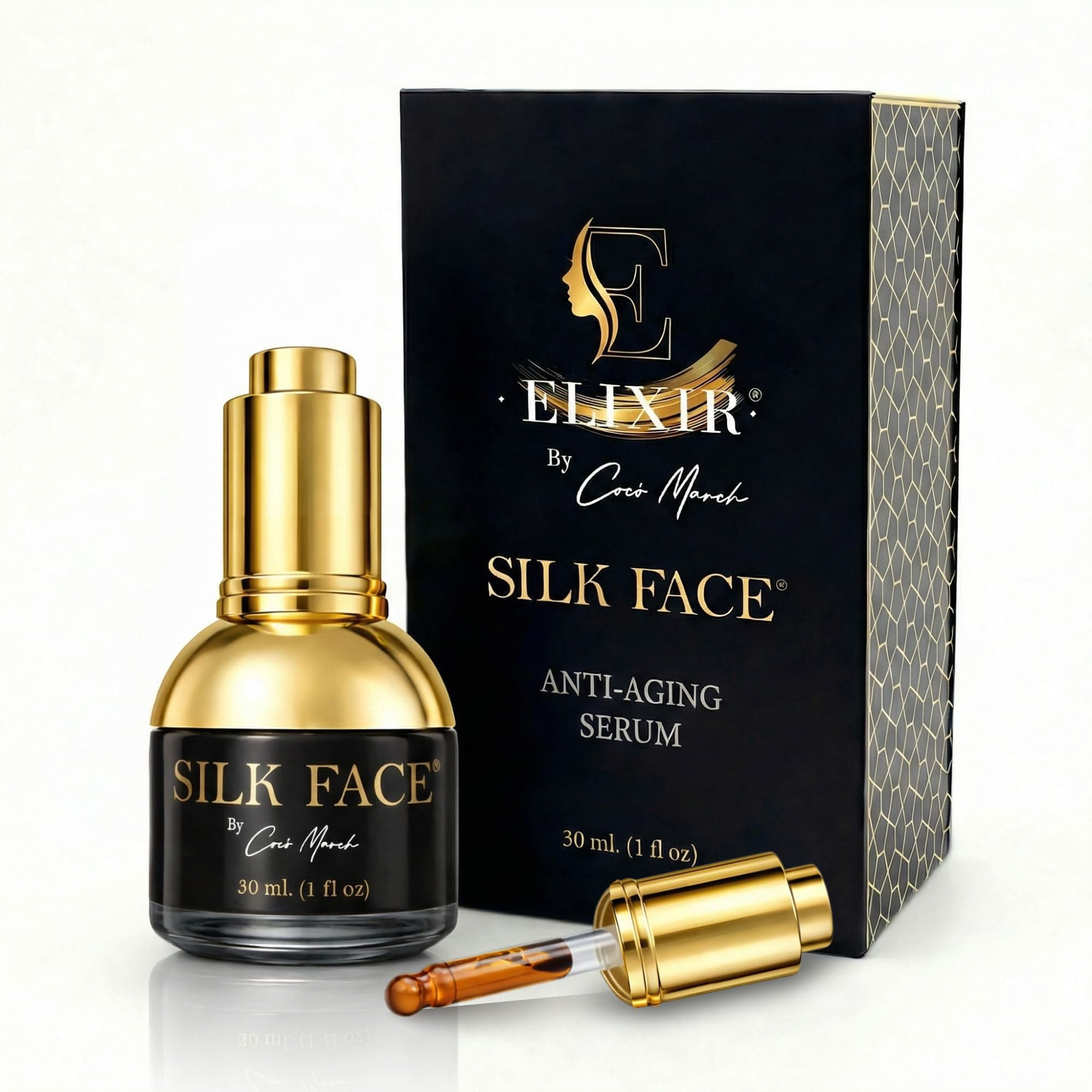 Elixir Serum by Coco March - PURE Extracts - Quickly Reduces Fine Lines - Evens out Skin Tone, Luxurious Illumination Visible from the first application 1 fl oz.