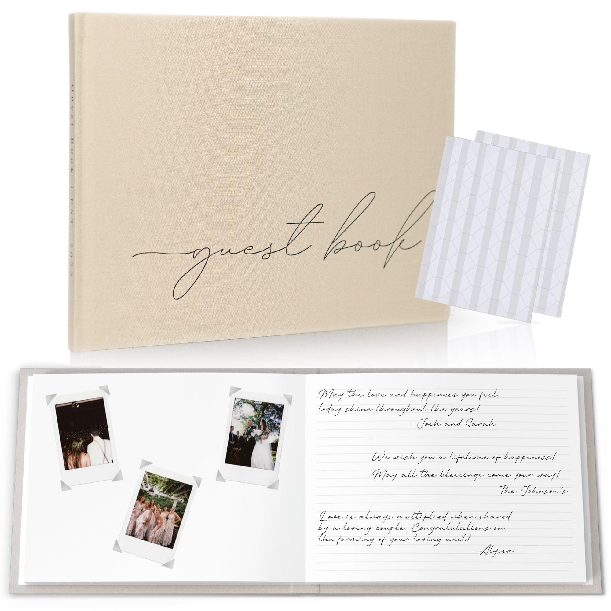 Wedding Guest Book With Clear Photo Corners Self Adhesive Stickers - Linen Photo Guestbook to Sign at Bridal Shower or Wedding Reception Party - 100 Pages - Half Blank and Lined Thick Paper Books