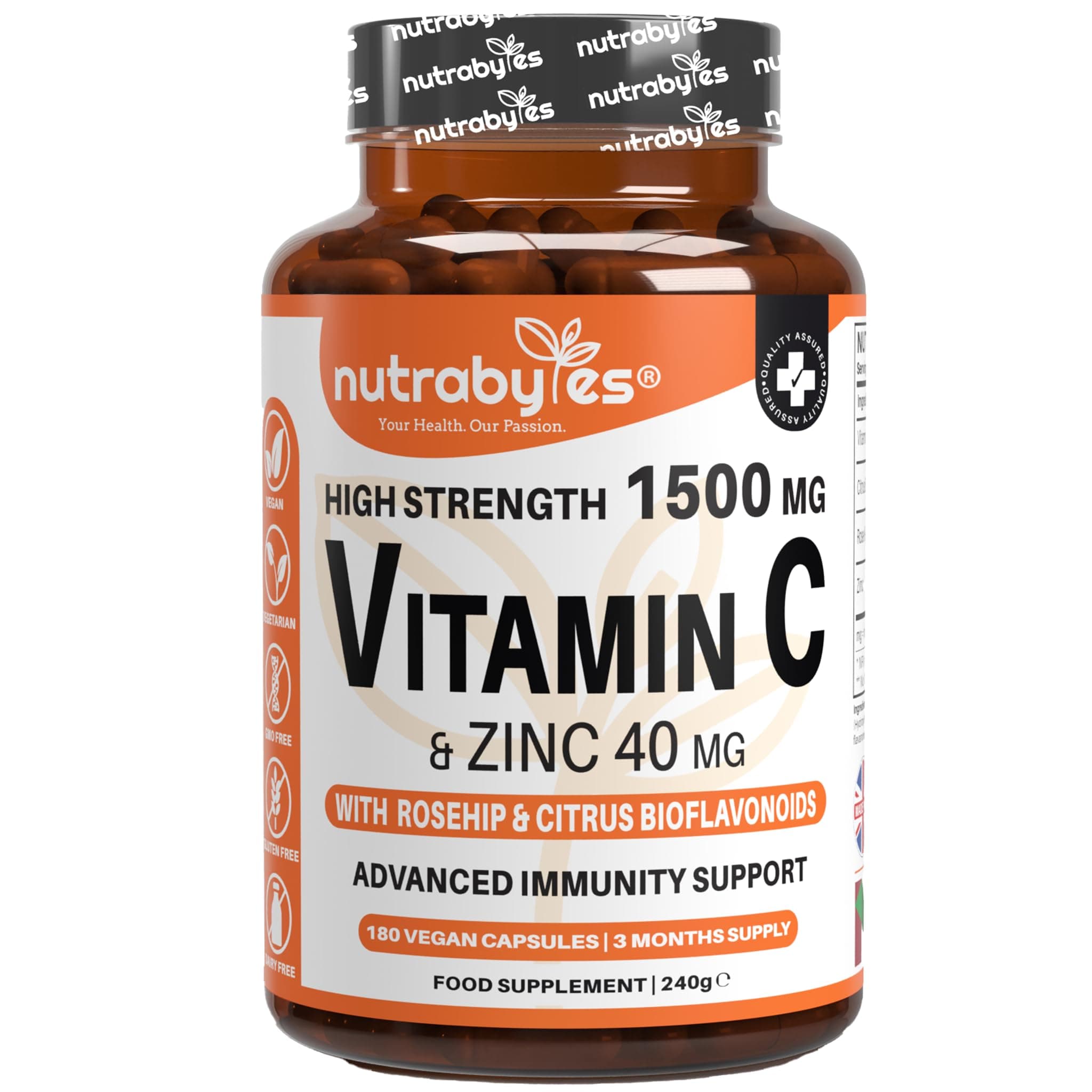 High Strength 1,500mg Vitamin C & 40mg Zinc Supplement, 180 Capsules | Advanced Immune Support with Zinc, Rosehip & Citrus Bioflavonoids | 3 Months | Vegan Capsules | UK Made