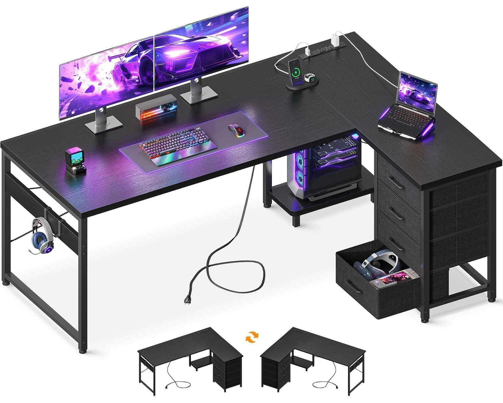 AODK L Shaped Desk with 4 Tier Drawers, 61" Reversible Gaming Desk with Power Outlets, L Shaped Computer Desk with USB Charging Port and Host Stand, Home Office Corner Desk, Easy to Assemble, Black
