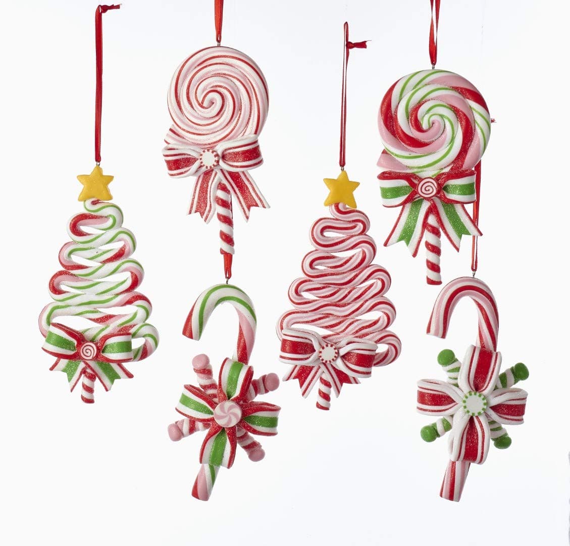 T2033 Kurt Adlerpeppermint Candy Lollipop Ornament - 6 Assorted: 2 Each Christmas Tree, Candy Cane And Round Lollipop