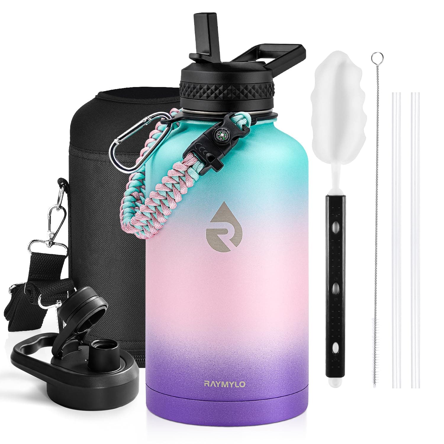 Insulated Water Bottle 64 oz, Triple Wall Vacuum Stainless Steel (Cold for 48 Hrs), Leak Proof & Non-BPA, Half Gallon Water Flask Jug with Paracord Handle & Straw Spout Lids, Hydrangea