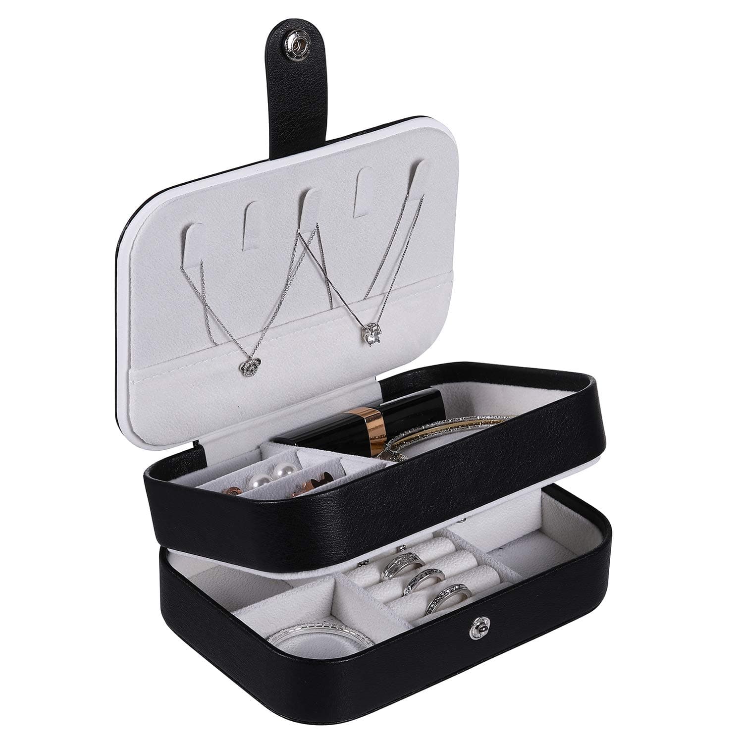 Travel Jewelry Organizer for Women, Double Layer Jewelry Box PU Leather Jewelry Holder with Mirror for Earring Necklace Rings, Black