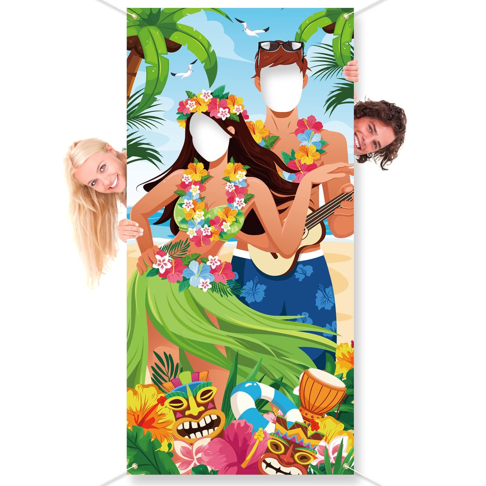 DPKOW Funny Hawaiian Party Couple Photo Props, Giant Fabric Tropical Luau Tiki Party Door Banner for Hawaiian Party Decorations, Couple Face Game for Tropical Summer Party Photo Backdrop, 185 * 90cm