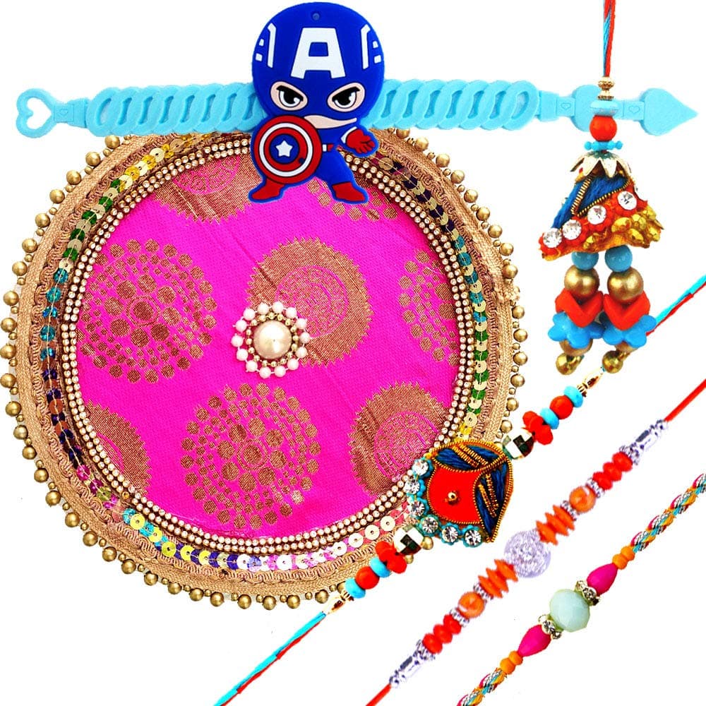 Rakshabandhan Elegant Pooja Stainless Steel Thali N Family Rakhi, Set Of 5 Rakhi And 8 Inch Thali