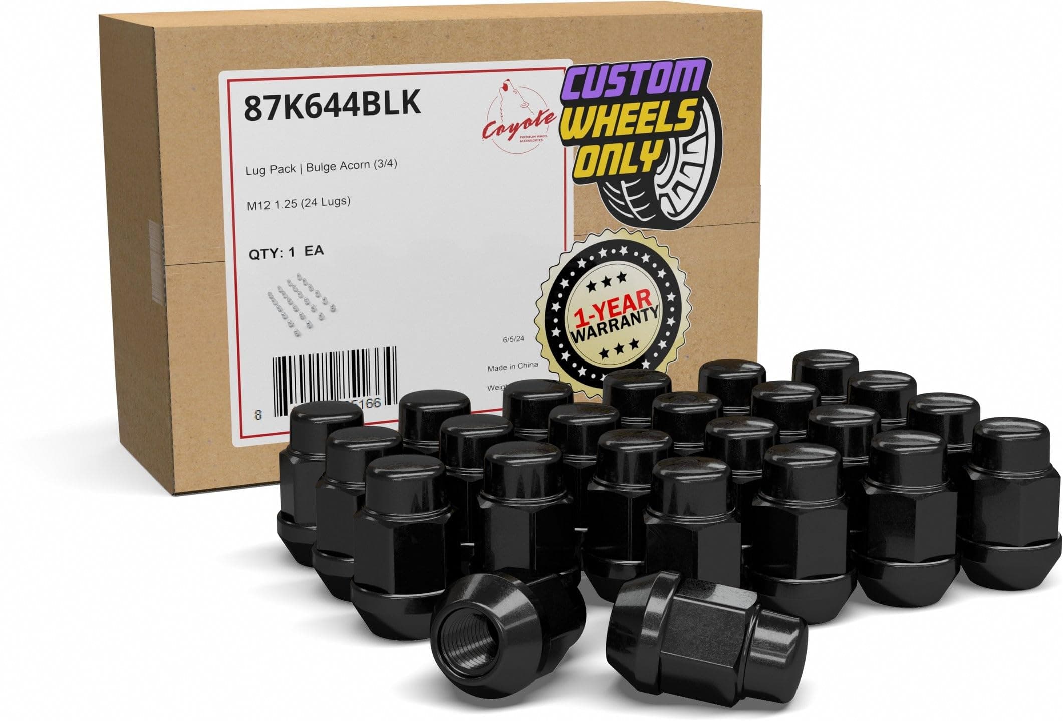 24 Pcs M12 x 1.25 12 x 1.25 Thread Bulge Acorn 35mm 1.38" Long Lug Nuts Black Chrome 3/4" 19mm Hex Fits Nissan Titan (Non XD) with Aftermarket Wheels