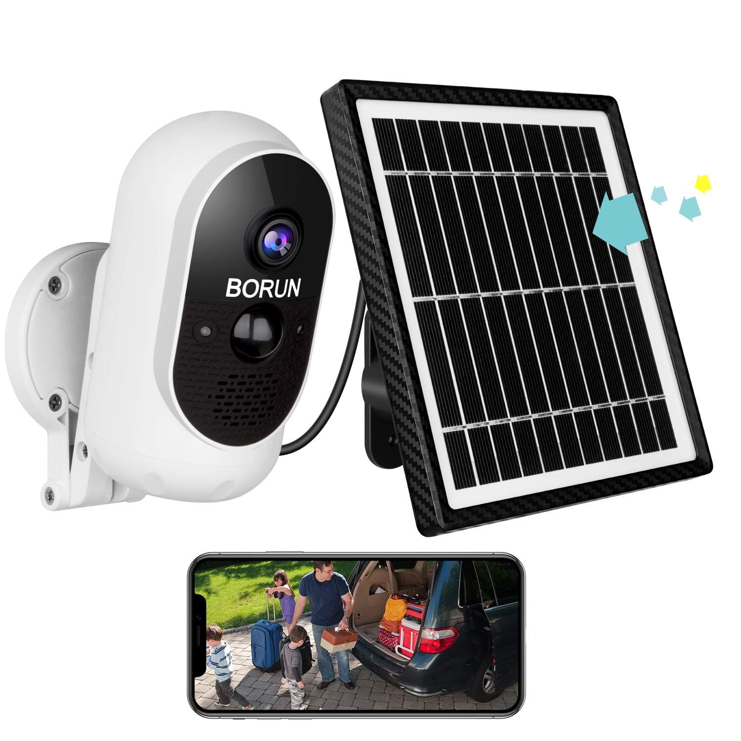 Security Camera Outdoor Wireless WiFi, BORUN Outdoor Security Camera System with Solar Panel, Rechargeable Battery, 1080P HD Image, Motion Detection, Two-way Audio, IP65 Waterproof, Free Cloud Storage