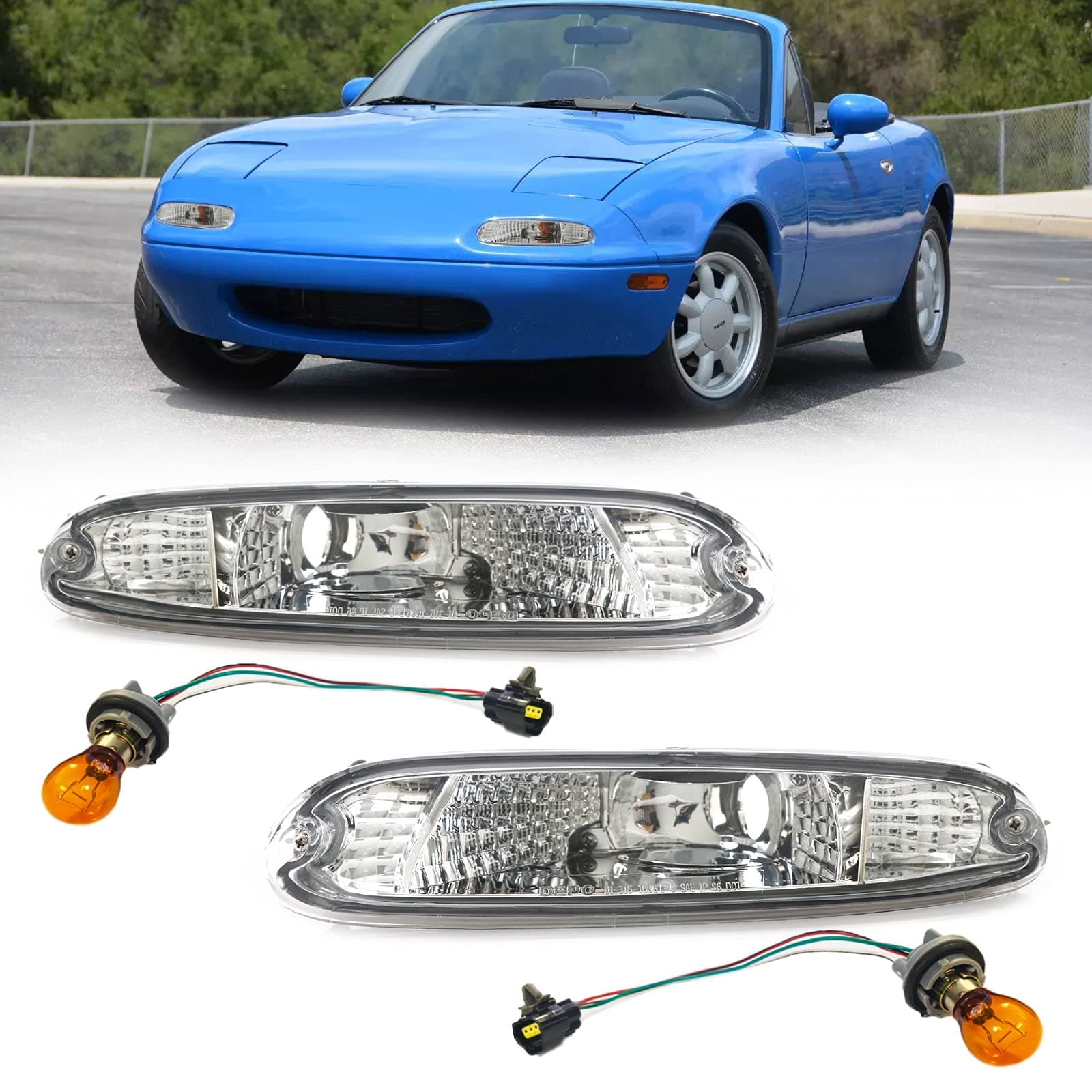 DEPO Clear Lens Front Bumper Turn Signal Lights with Amber Bulbs Compatible with 1990-1997 Mazda MK1 MX-5 MX5 Miata Eunos Roadster