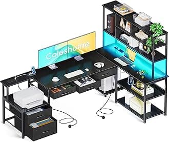 Coleshome L Shaped Corner Desk with Drawers, Reversible Home Office Computer Desk with Storages & Shelves, Gaming Table with LED Lights & Power Outlets Black, 180 × 100 cm